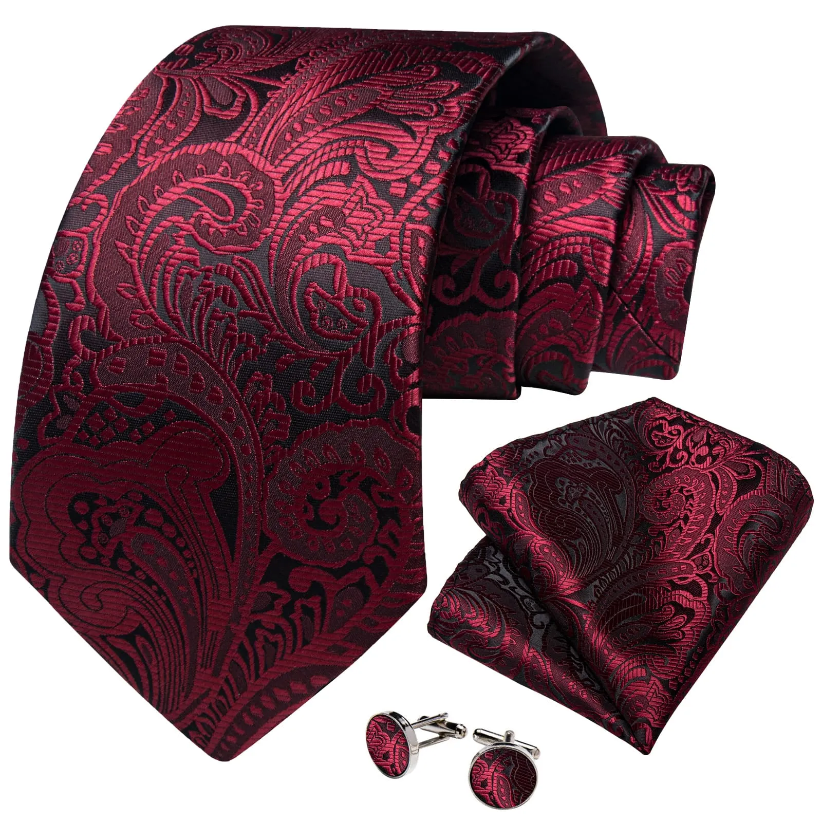 DiBanGu Dress Tie Dark Red Floral Mens Silk Business Work Tie Handkerchief Cufflinks Set