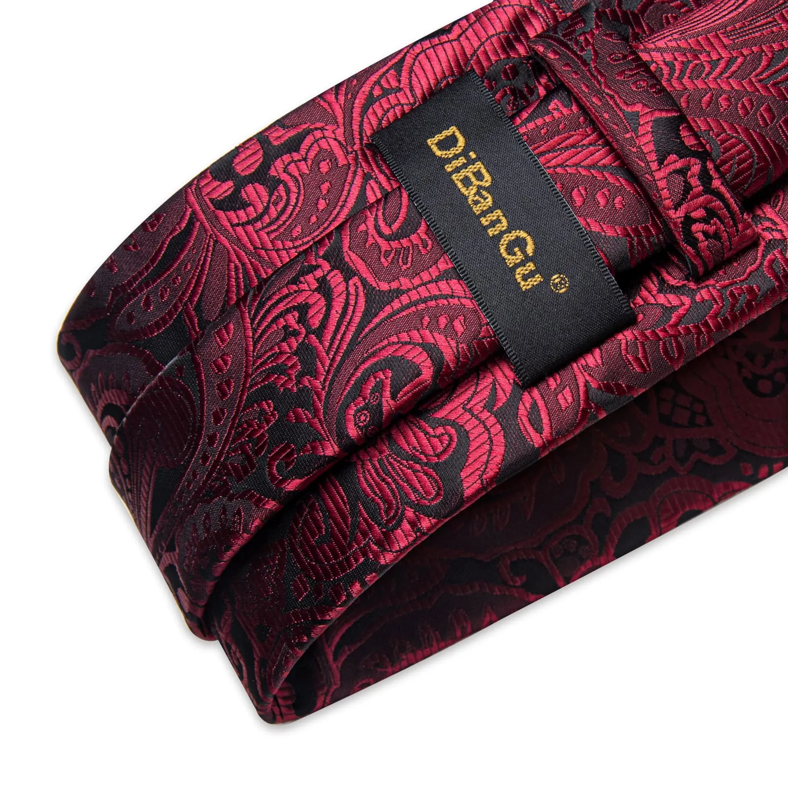DiBanGu Dress Tie Dark Red Floral Mens Silk Business Work Tie Handkerchief Cufflinks Set