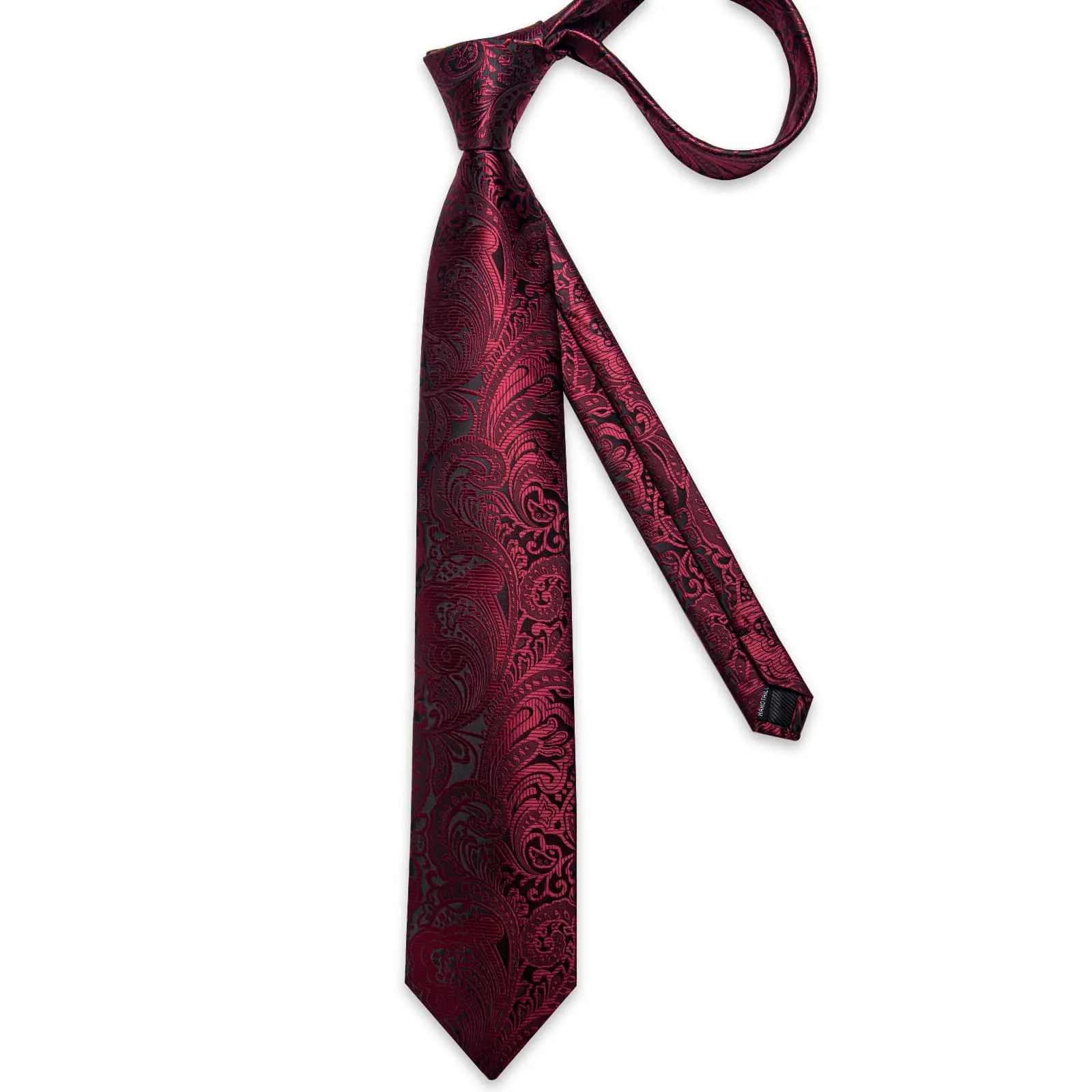DiBanGu Dress Tie Dark Red Floral Mens Silk Business Work Tie Handkerchief Cufflinks Set