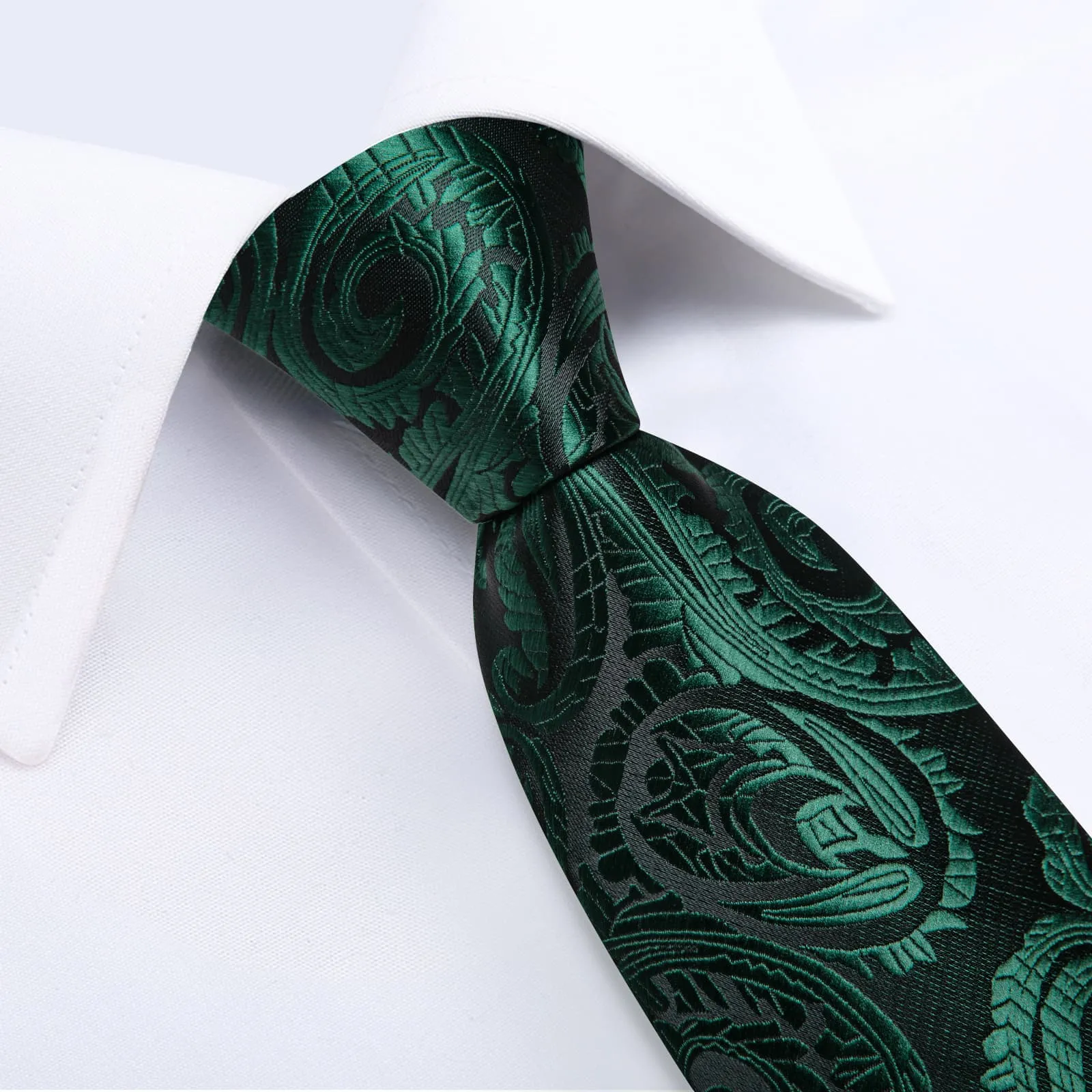 DiBanGu Dress Tie Deep Green Paisley Men's Silk Tie Handkerchief Cufflinks Set
