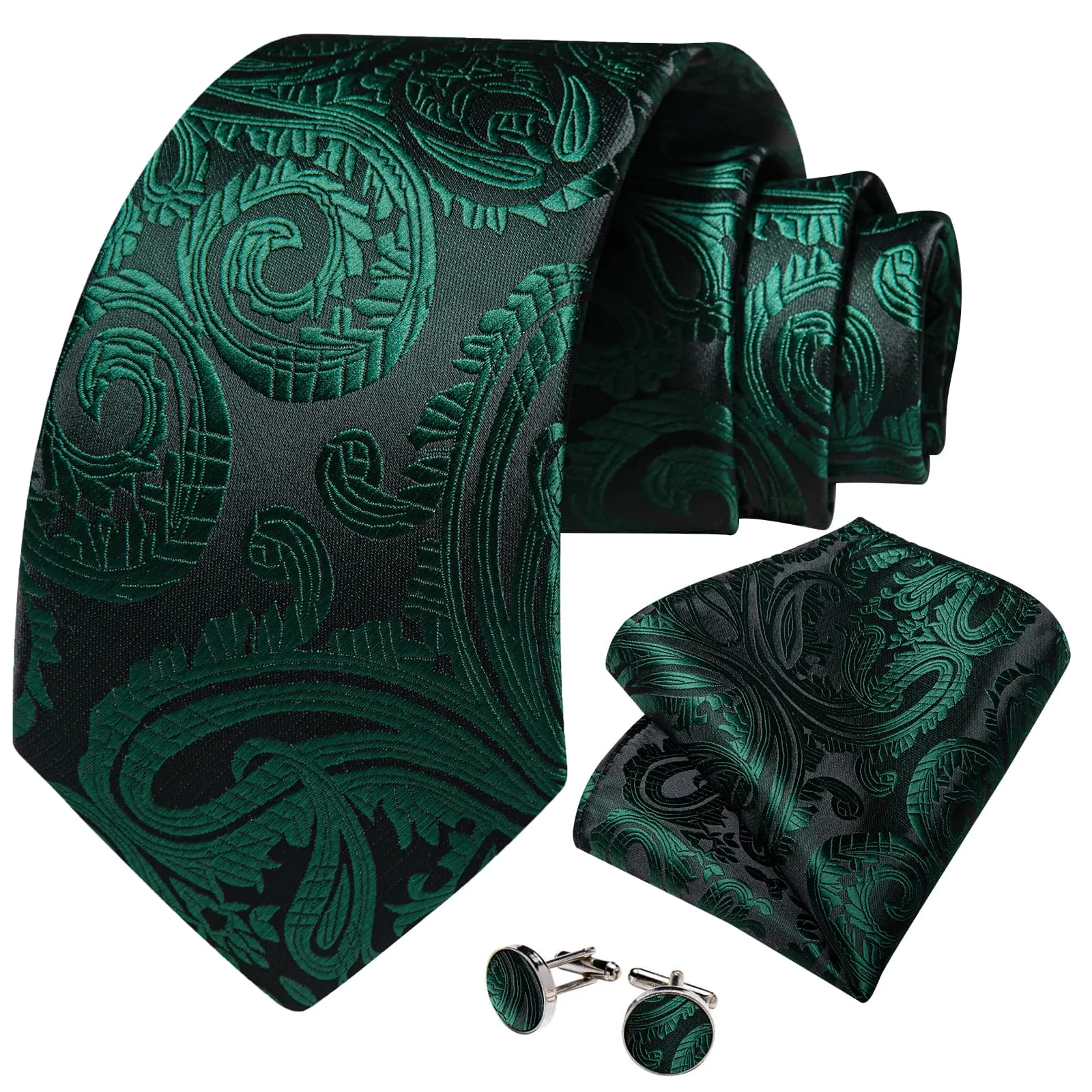 DiBanGu Dress Tie Deep Green Paisley Men's Silk Tie Handkerchief Cufflinks Set