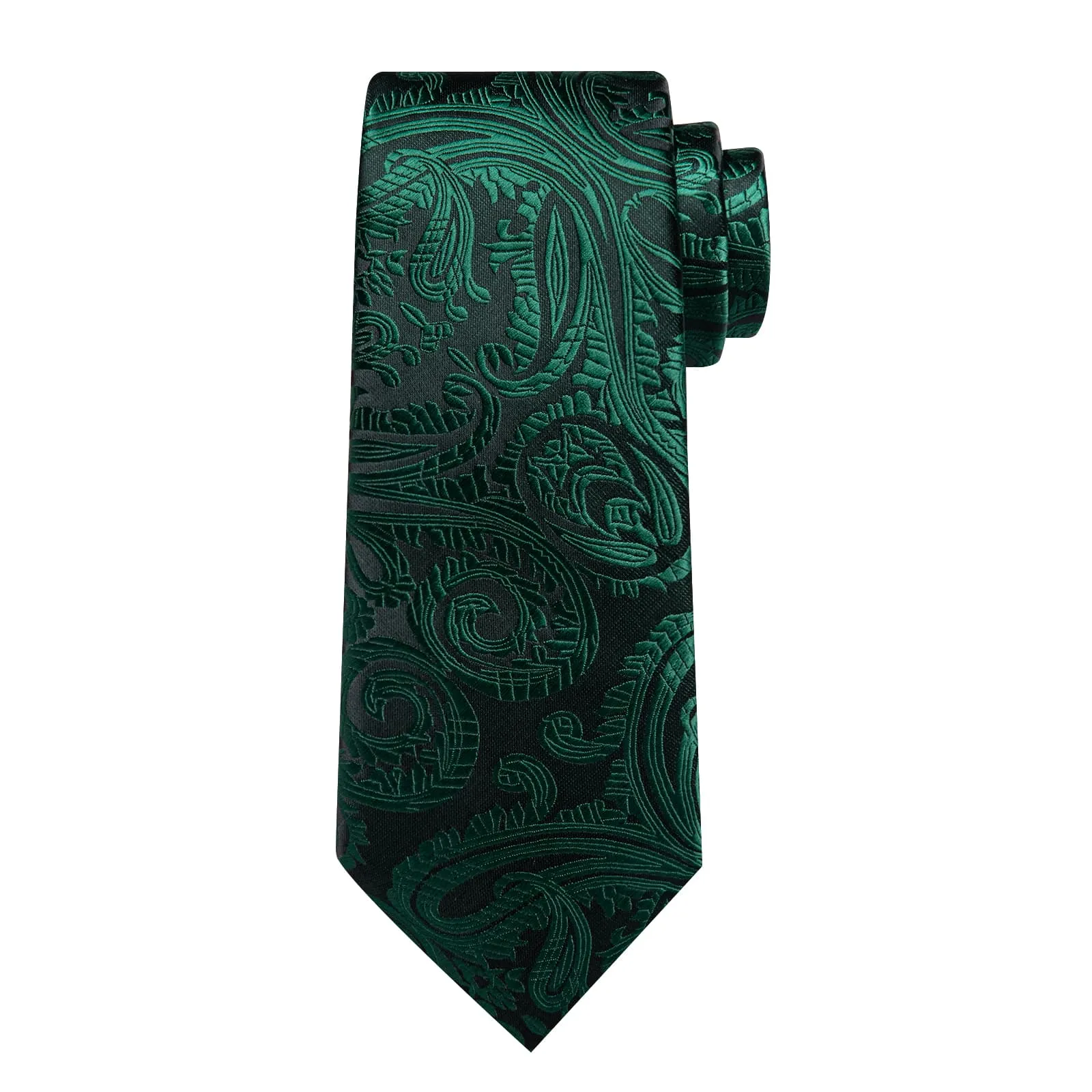 DiBanGu Dress Tie Deep Green Paisley Men's Silk Tie Handkerchief Cufflinks Set