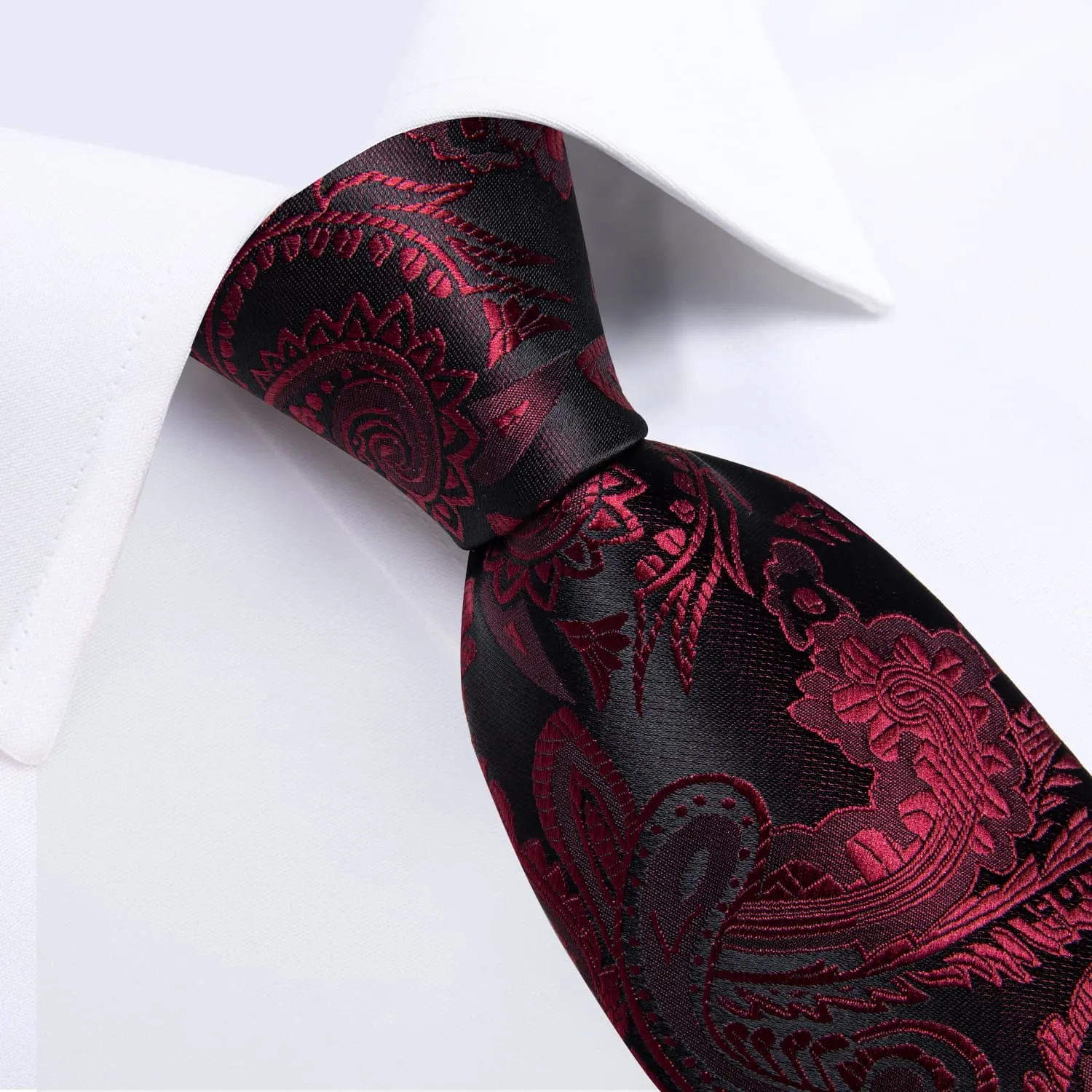 DiBanGu Dress Tie Deep Red Paisley Men's Silk Tie Handkerchief Cufflinks Set