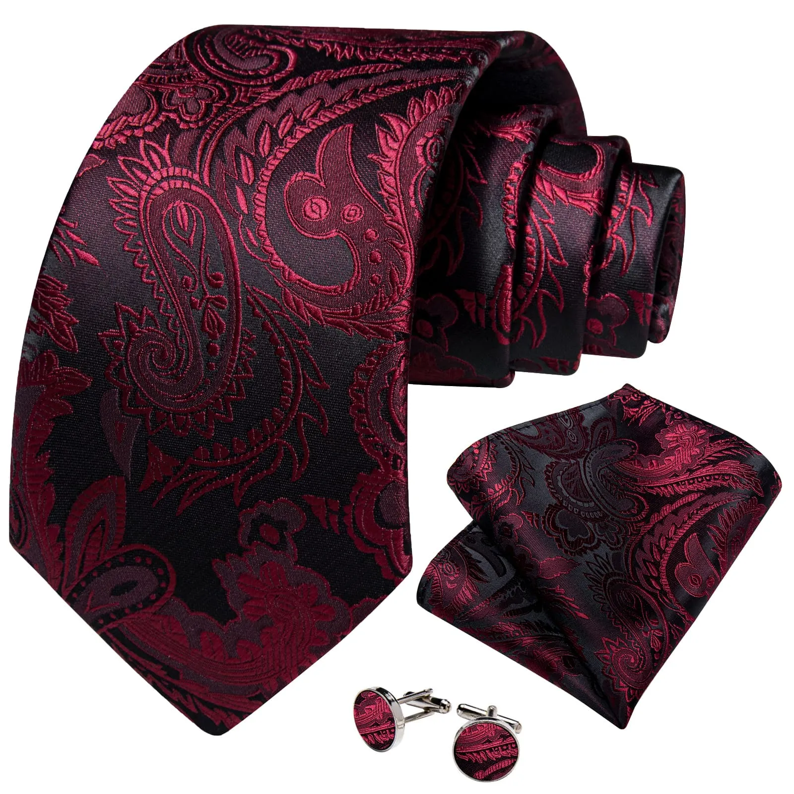 DiBanGu Dress Tie Deep Red Paisley Men's Silk Tie Handkerchief Cufflinks Set