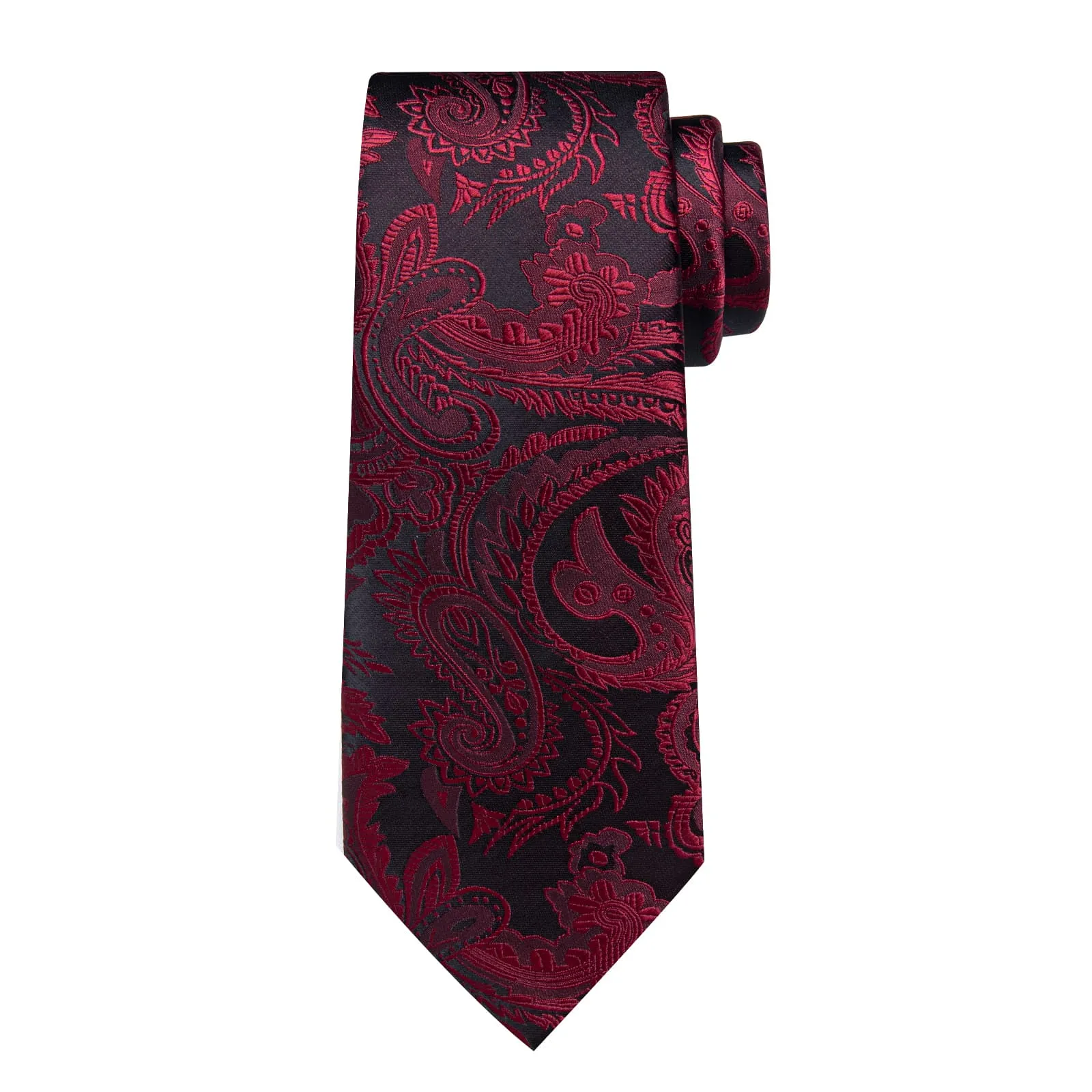 DiBanGu Dress Tie Deep Red Paisley Men's Silk Tie Handkerchief Cufflinks Set