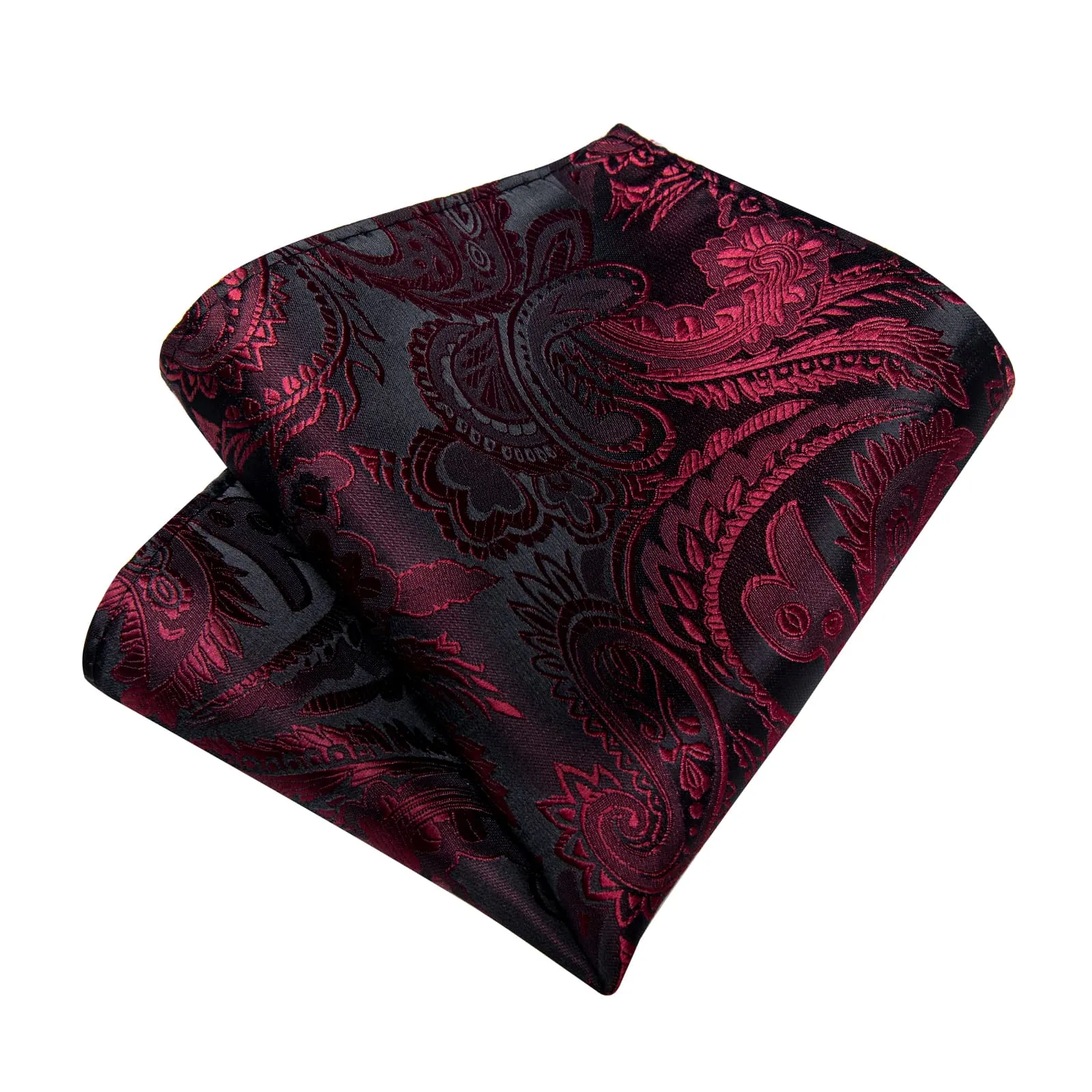 DiBanGu Dress Tie Deep Red Paisley Men's Silk Tie Handkerchief Cufflinks Set