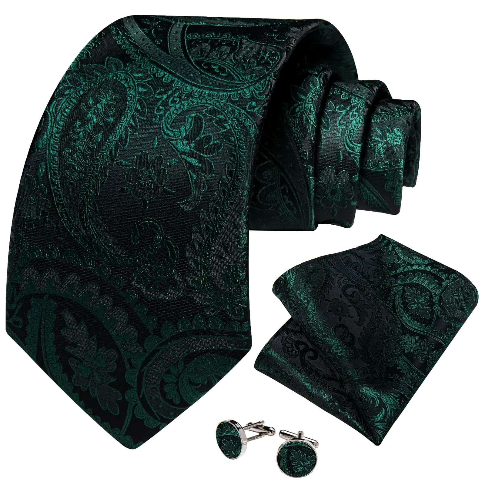 DiBanGu Dress Tie Sapphire Pine Green Paisley Men's Silk Tie Hanky Cufflinks Set