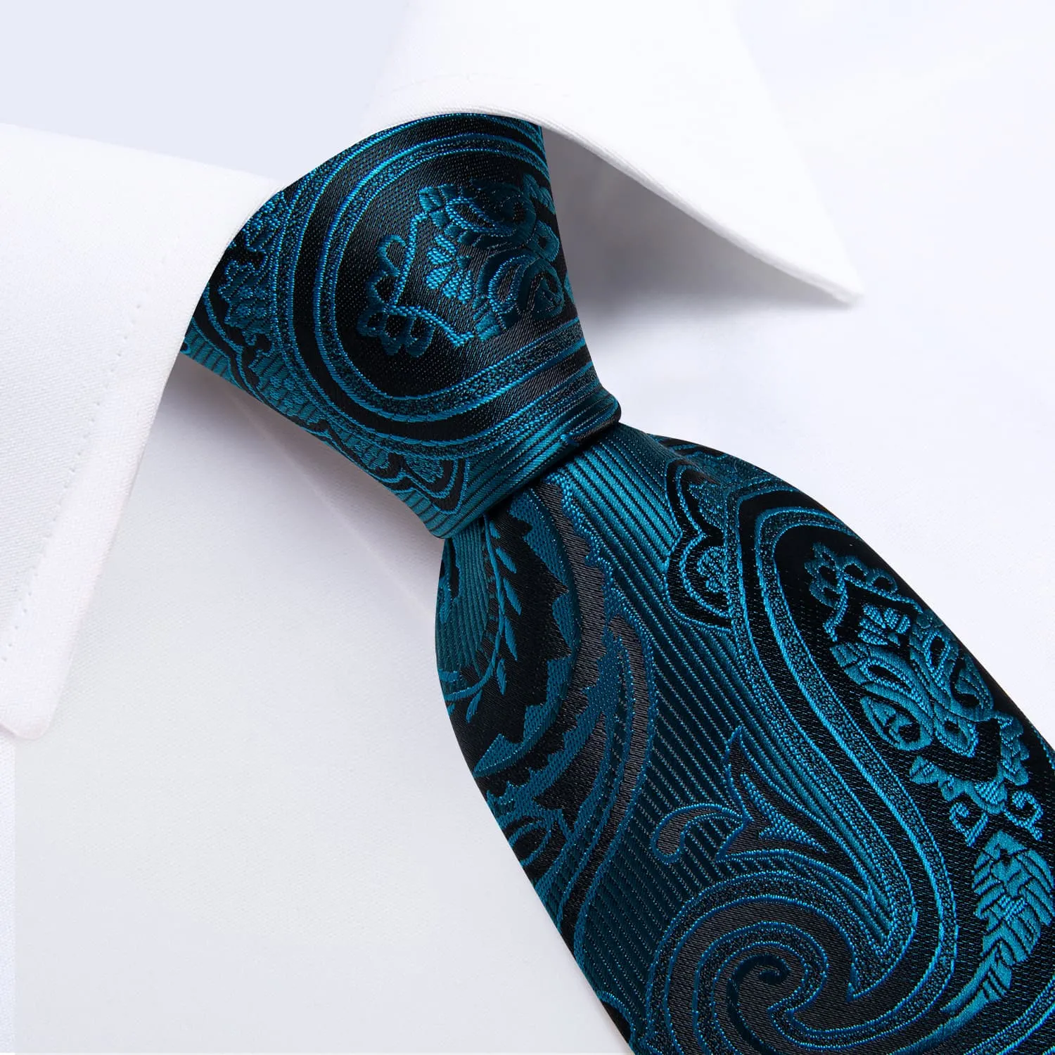 DiBanGu Dress Tie Teal Floral Men's Silk Tie Handkerchief Cufflinks Set