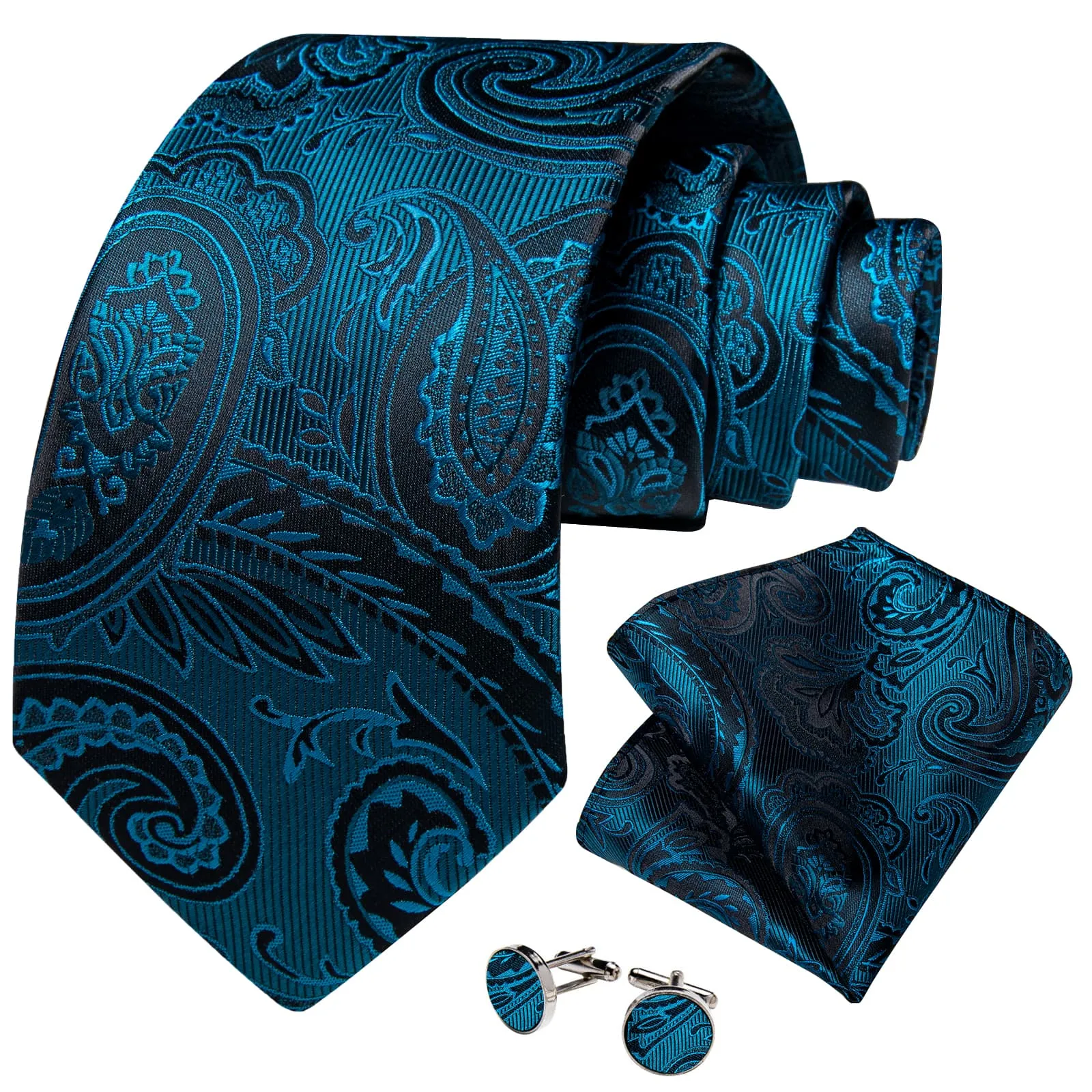 DiBanGu Dress Tie Teal Floral Men's Silk Tie Handkerchief Cufflinks Set