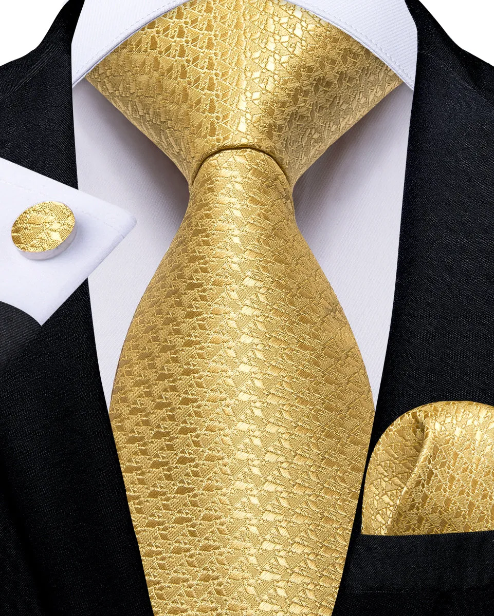 DiBanGu Gold Tie Geometry Men's Silk Tie Pocket Square Cufflinks Set