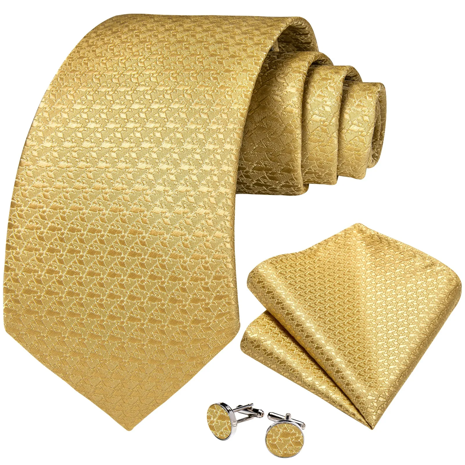 DiBanGu Gold Tie Geometry Men's Silk Tie Pocket Square Cufflinks Set