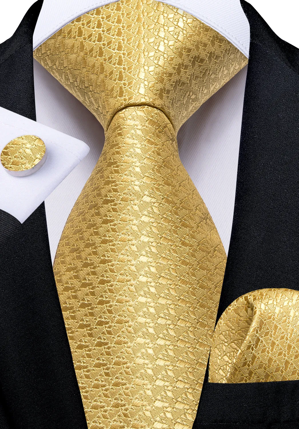 DiBanGu Gold Tie Geometry Men's Silk Tie Pocket Square Cufflinks Set