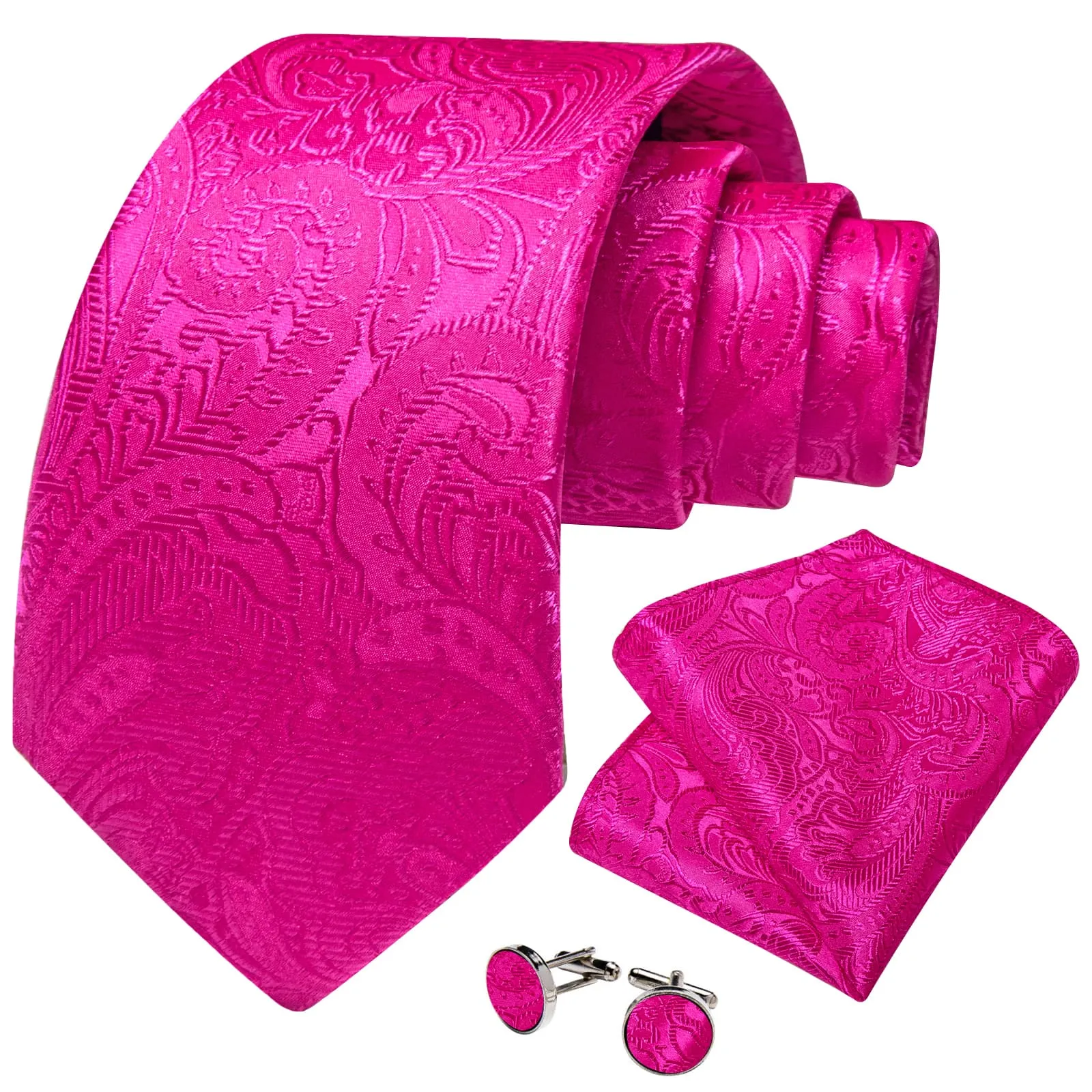 DiBanGu Hot Pink Paisley Silk Mens Tie Pocket Square Cufflinks Set