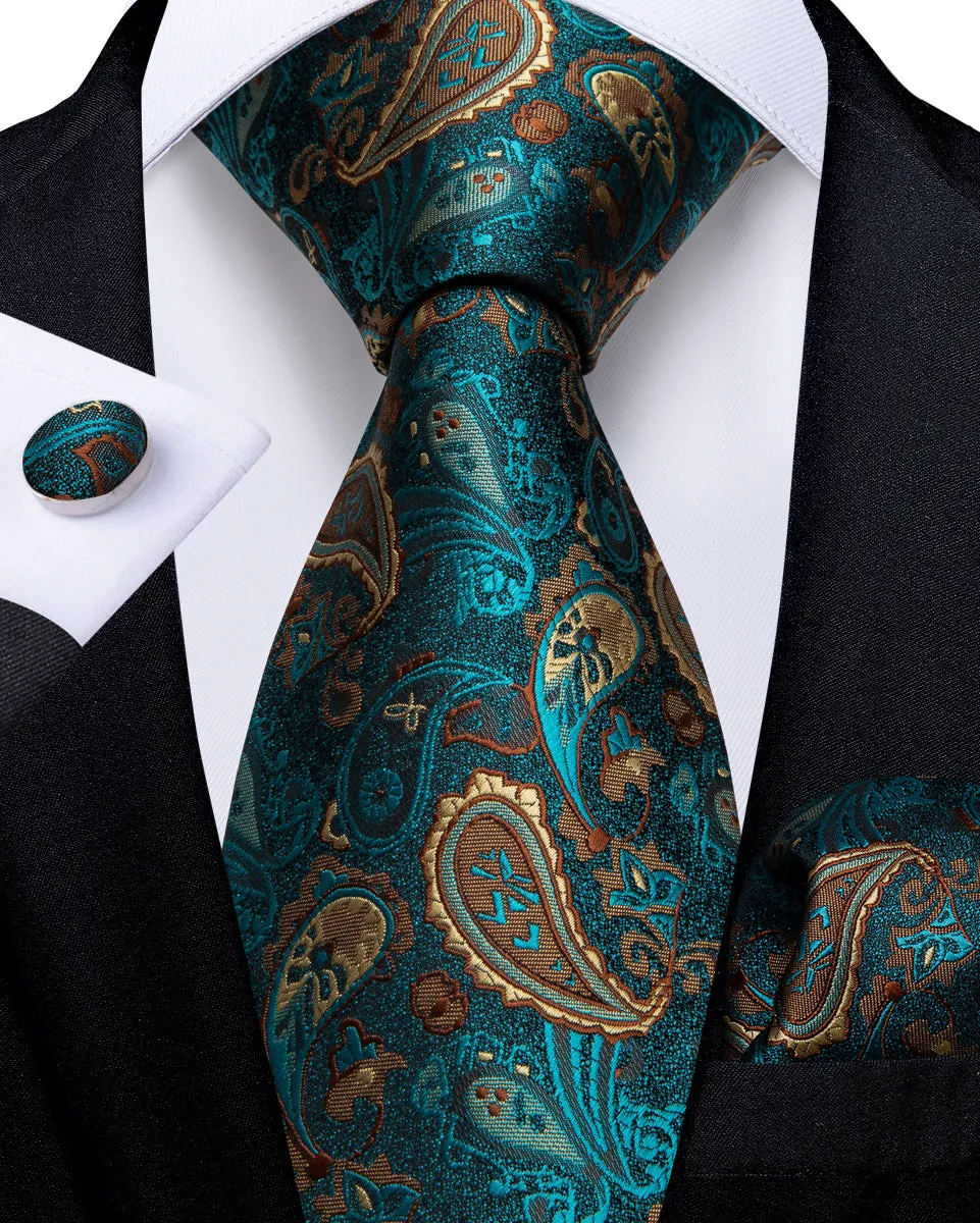 DiBanGu Men's Tie Deep Teal Paisley Silk Tie Handkerchief Cufflinks Set