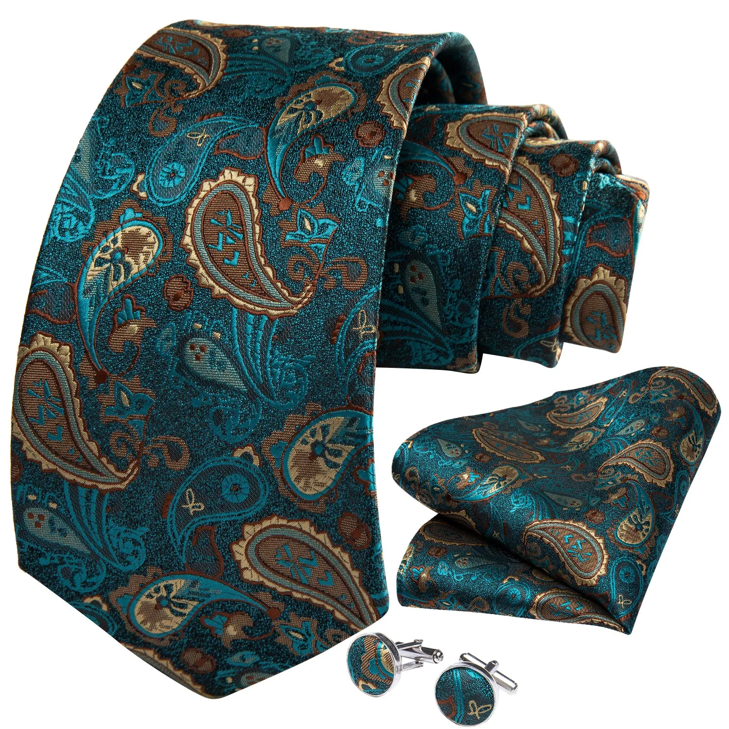 DiBanGu Men's Tie Deep Teal Paisley Silk Tie Handkerchief Cufflinks Set