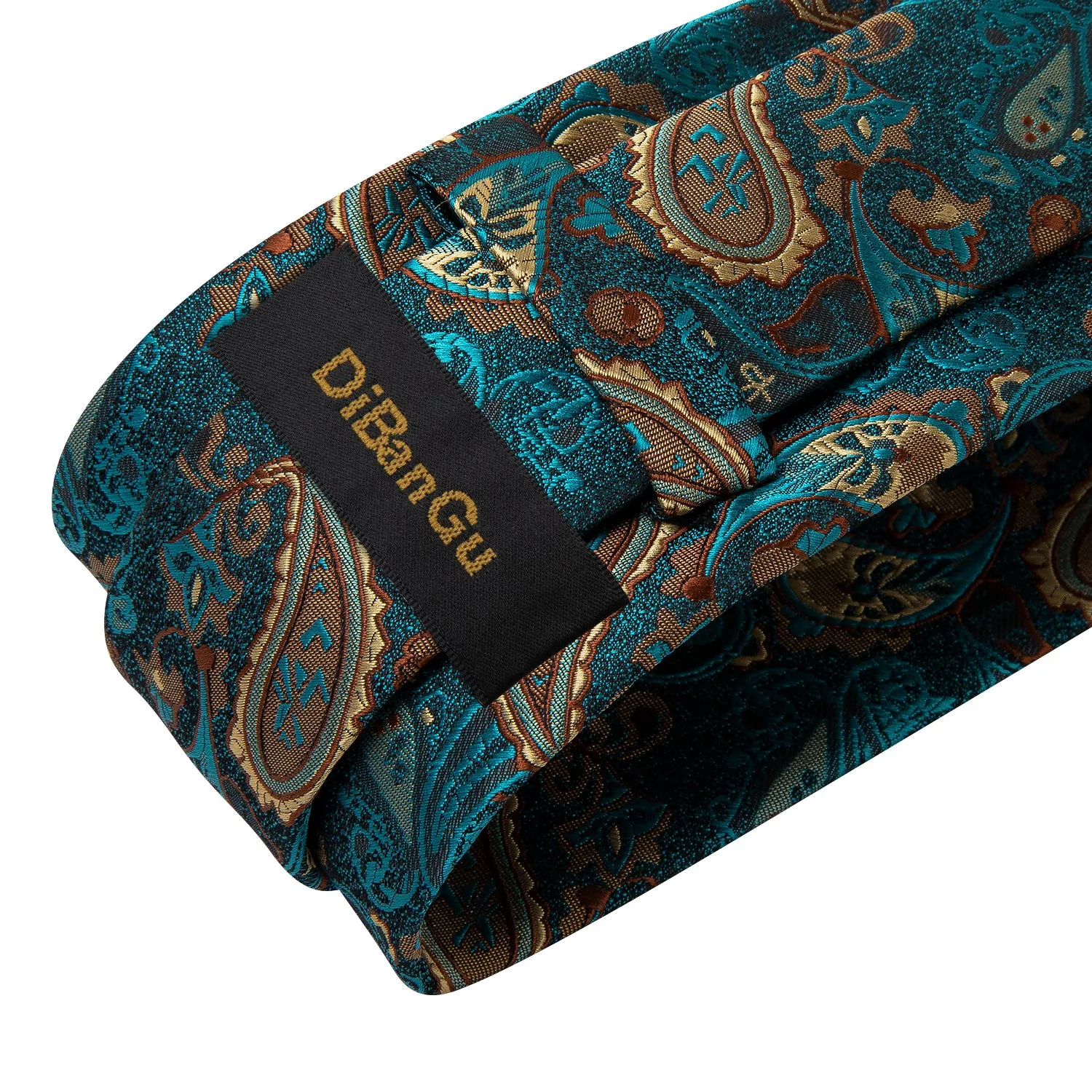 DiBanGu Men's Tie Deep Teal Paisley Silk Tie Handkerchief Cufflinks Set