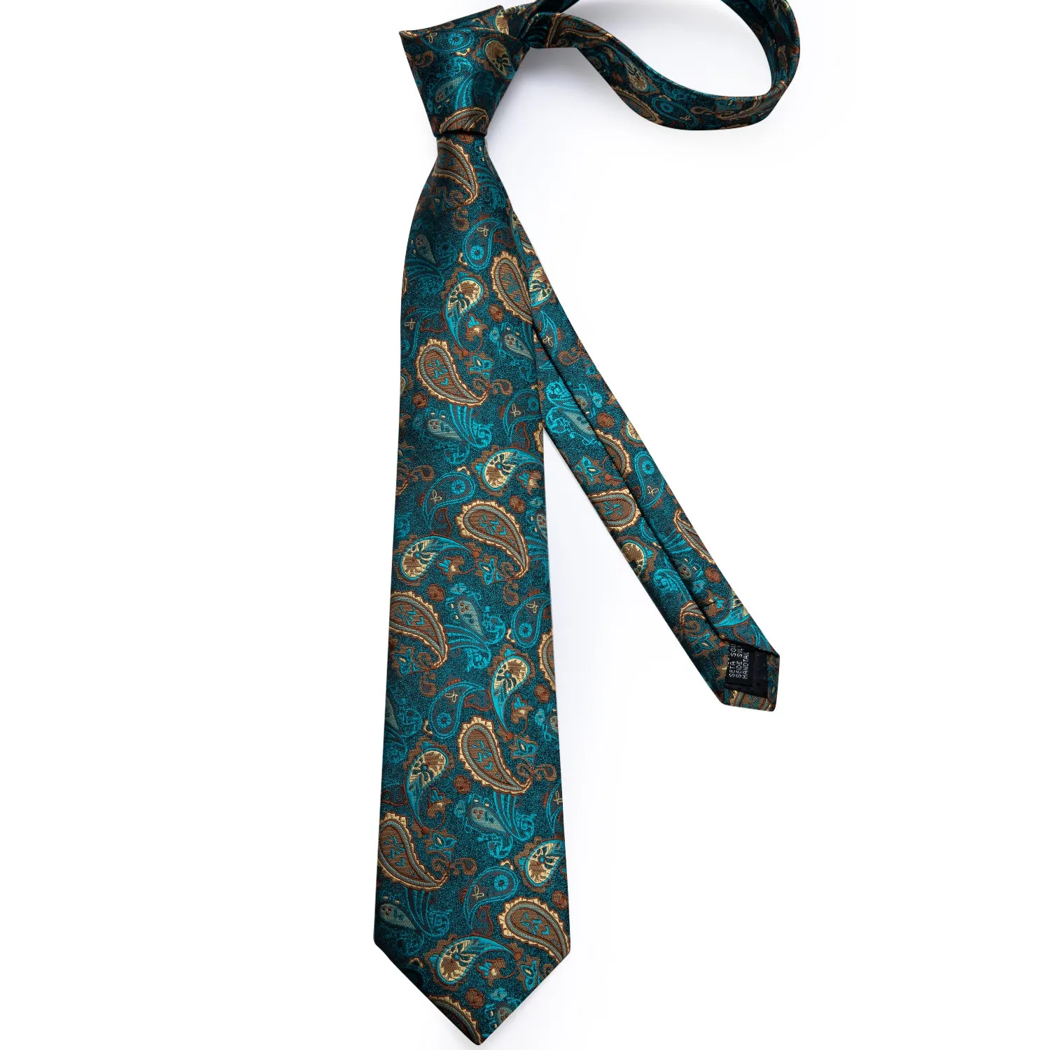 DiBanGu Men's Tie Deep Teal Paisley Silk Tie Handkerchief Cufflinks Set