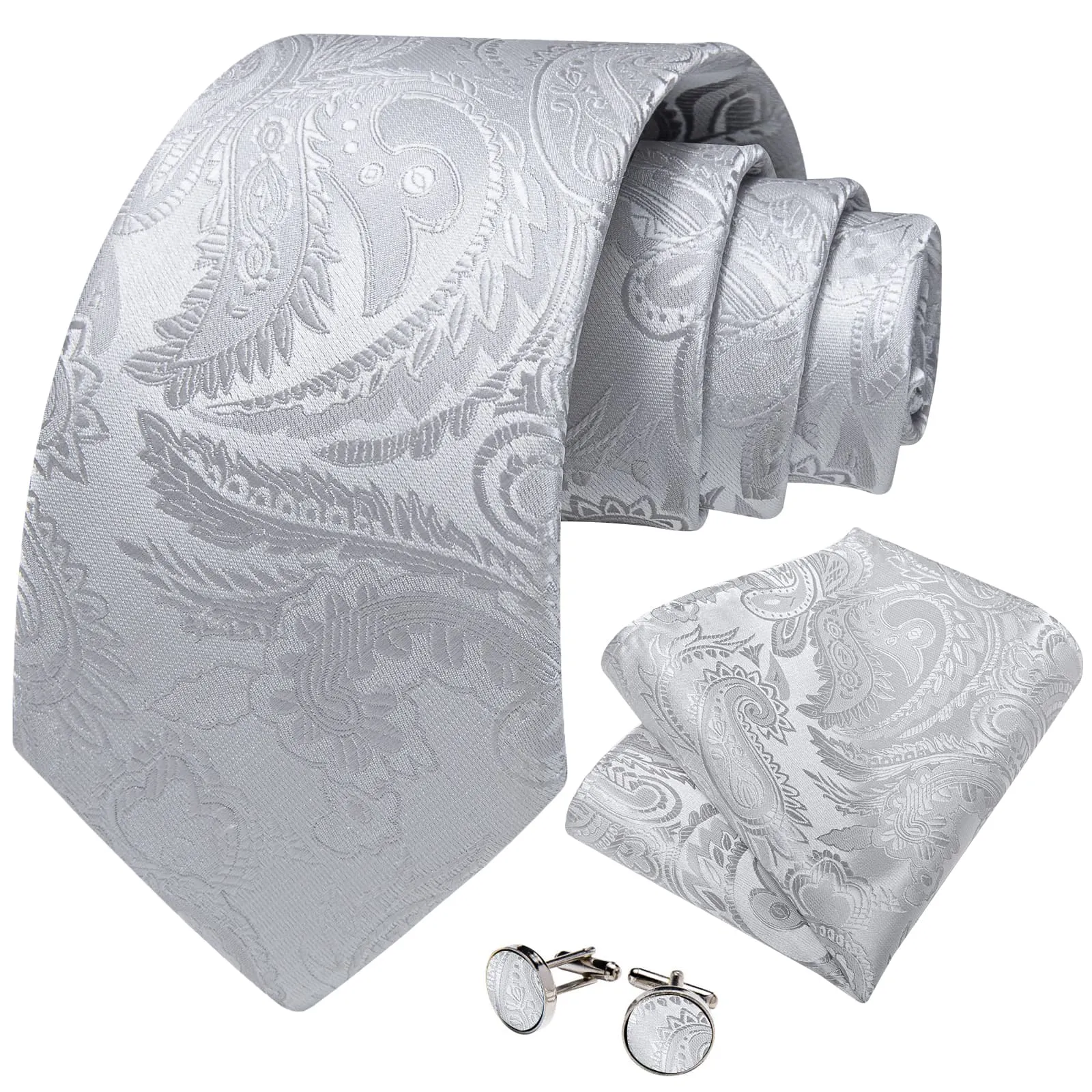 DiBanGu Silk Necktie Light Grey Paisley Mens Dress Tie Pocket Square Cufflinks Set