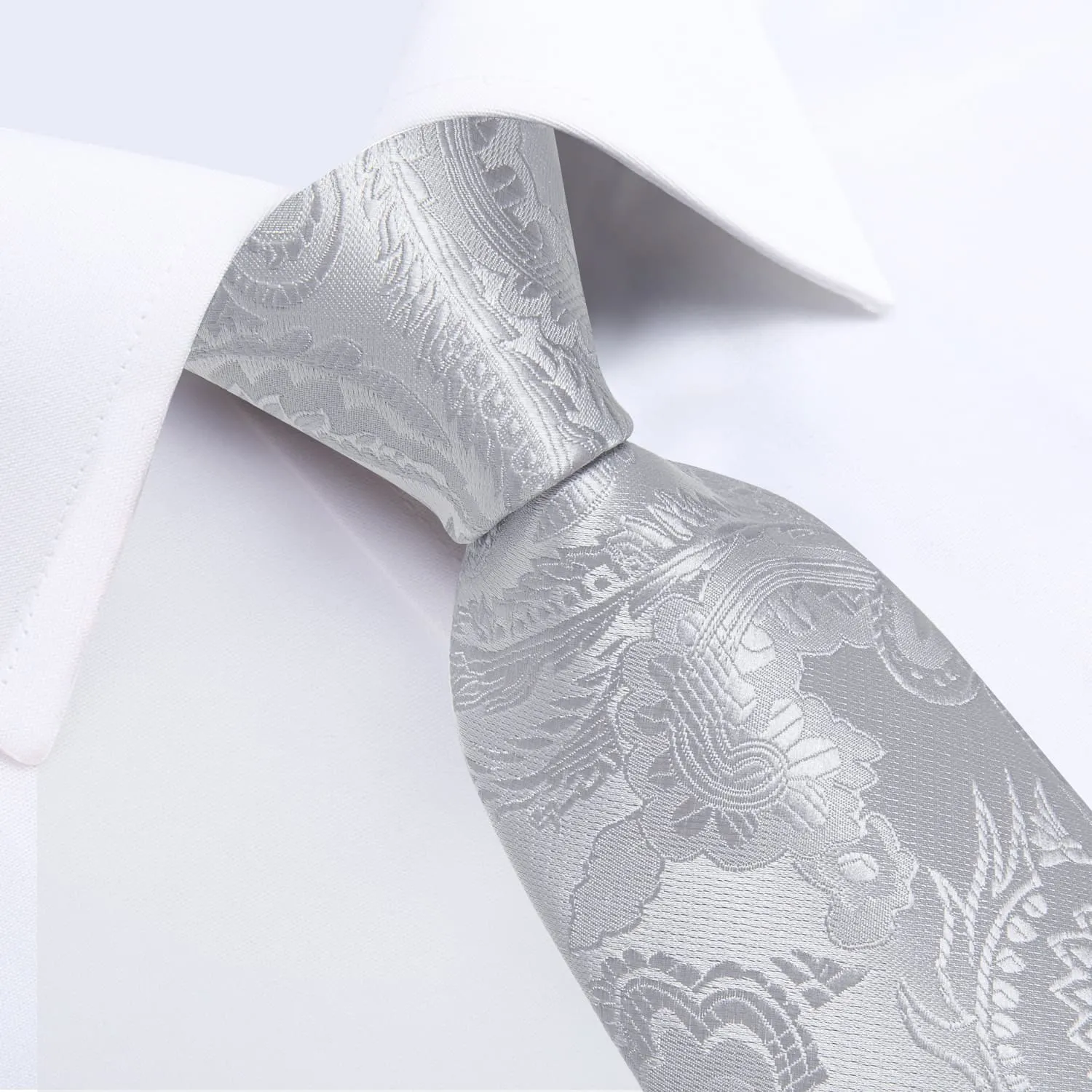 DiBanGu Silk Necktie Light Grey Paisley Mens Dress Tie Pocket Square Cufflinks Set