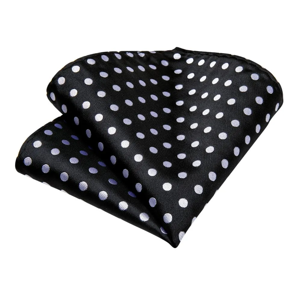 DiBanGu Silk Tie Black White Polka Dot Tie Handkerchief Cufflinks Set Business Necktie