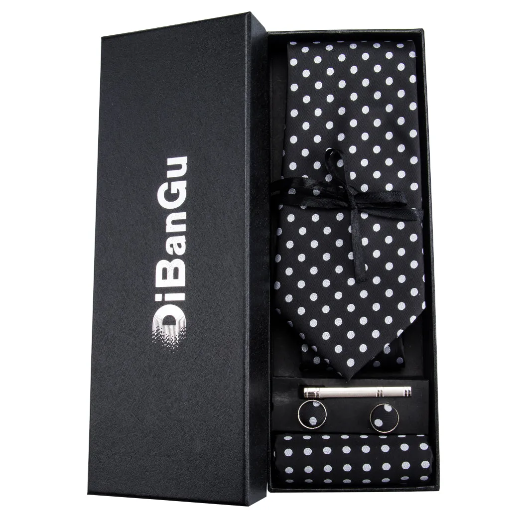 DiBanGu Silk Tie Black White Polka Dot Tie Handkerchief Cufflinks Set Business Necktie