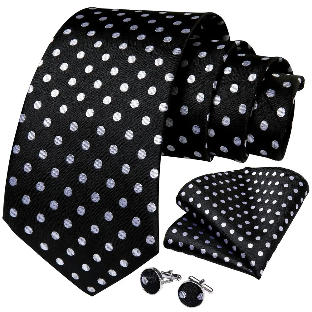 DiBanGu Silk Tie Black White Polka Dot Tie Handkerchief Cufflinks Set Business Necktie