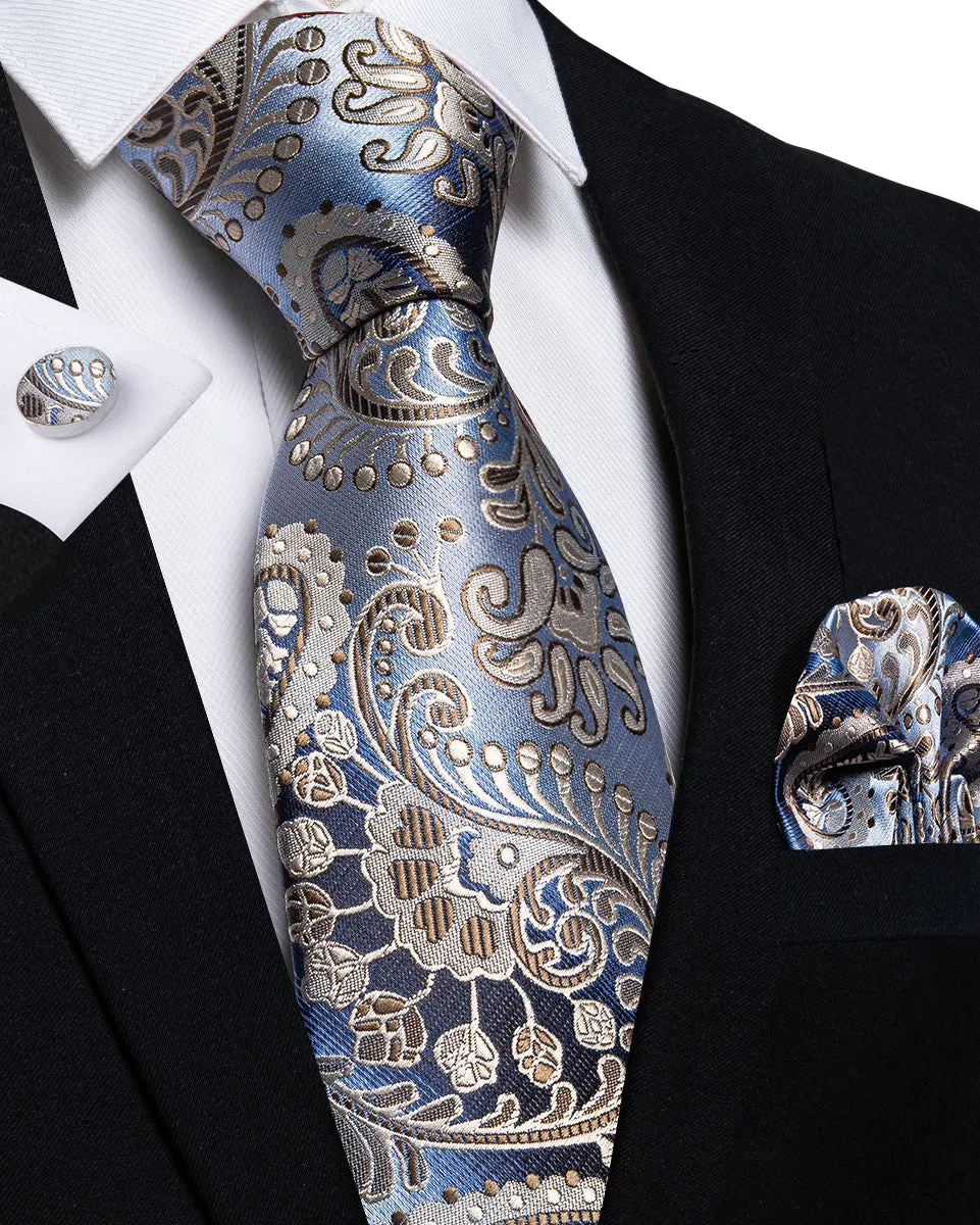 DiBanGu Silk Tie Blue Brown Paisley Necktie Handkerchief Cufflinks Set for Men