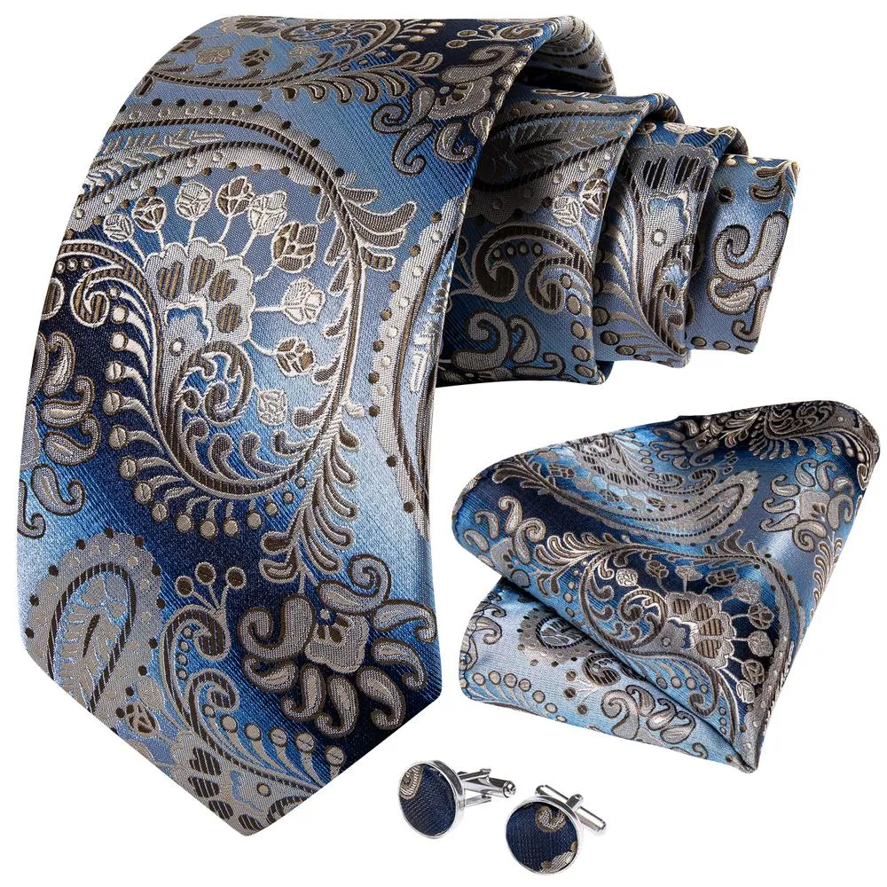 DiBanGu Silk Tie Blue Brown Paisley Necktie Handkerchief Cufflinks Set for Men
