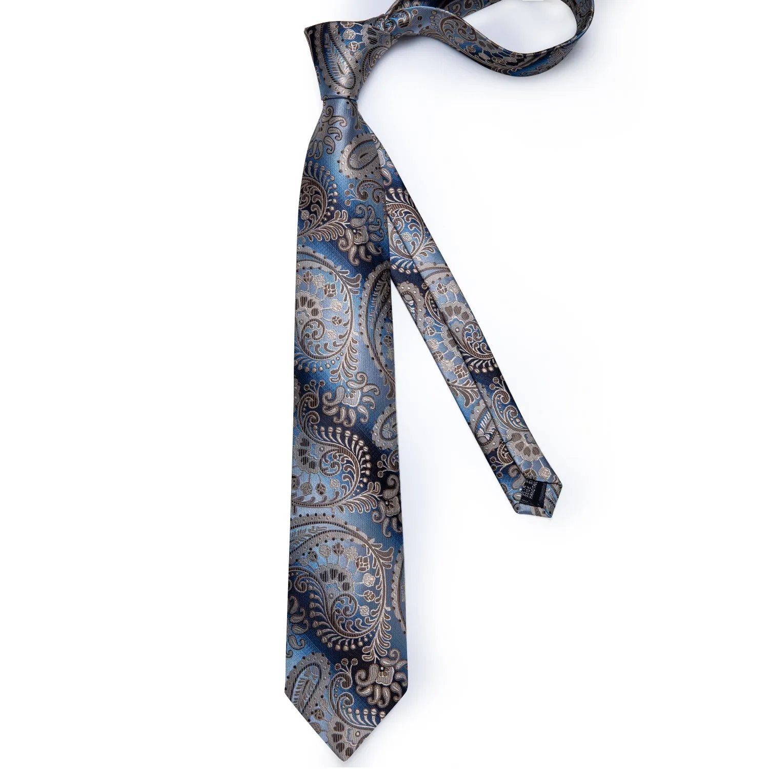 DiBanGu Silk Tie Blue Brown Paisley Necktie Handkerchief Cufflinks Set for Men