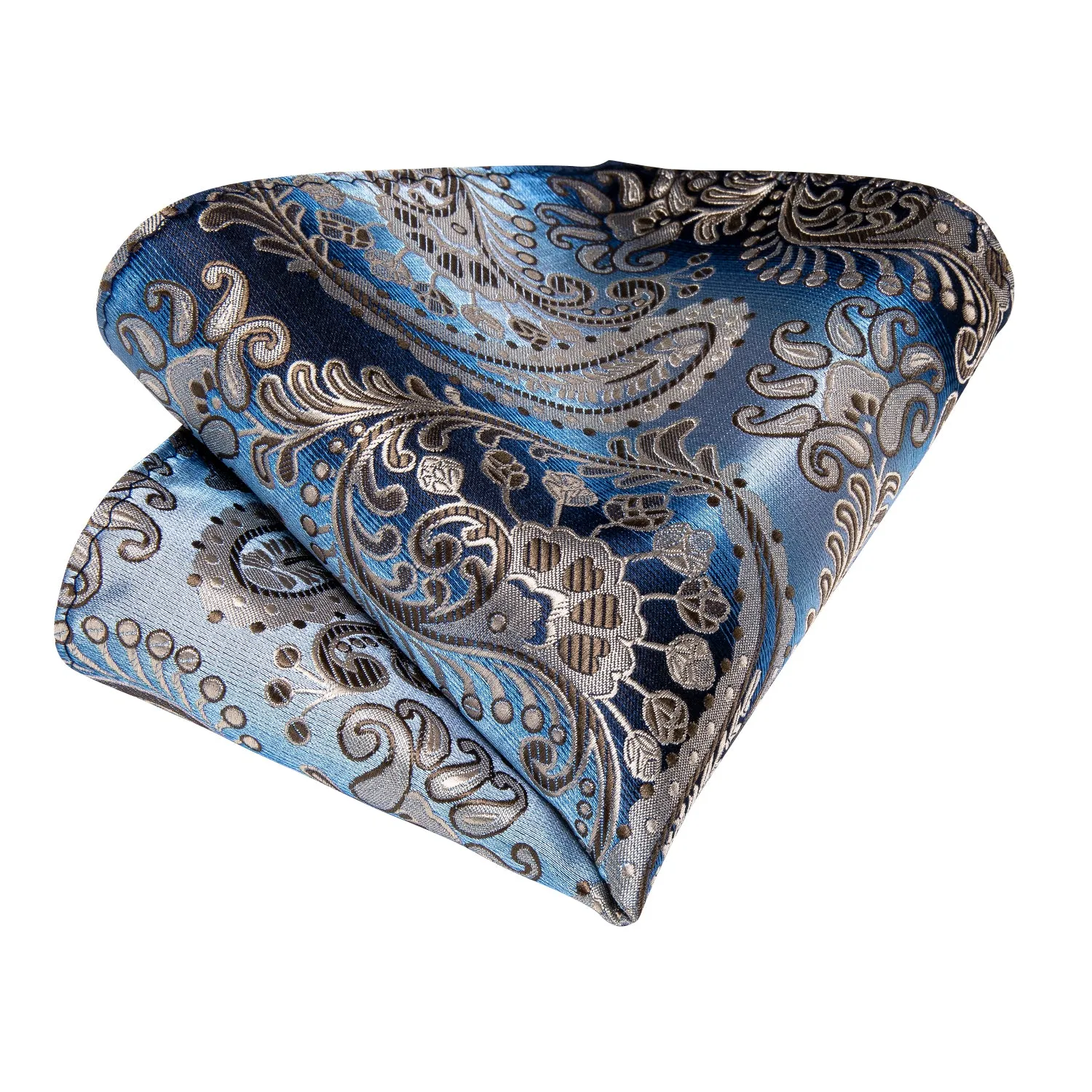 DiBanGu Silk Tie Blue Brown Paisley Necktie Handkerchief Cufflinks Set for Men