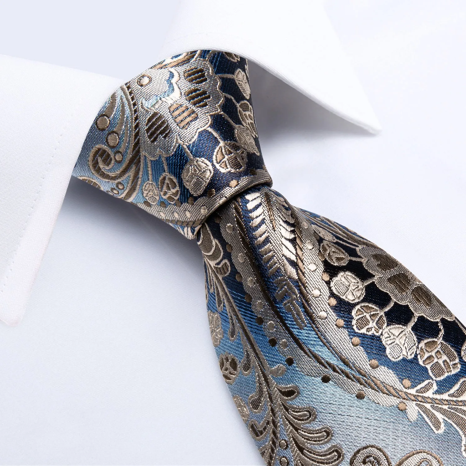 DiBanGu Silk Tie Blue Brown Paisley Necktie Handkerchief Cufflinks Set for Men