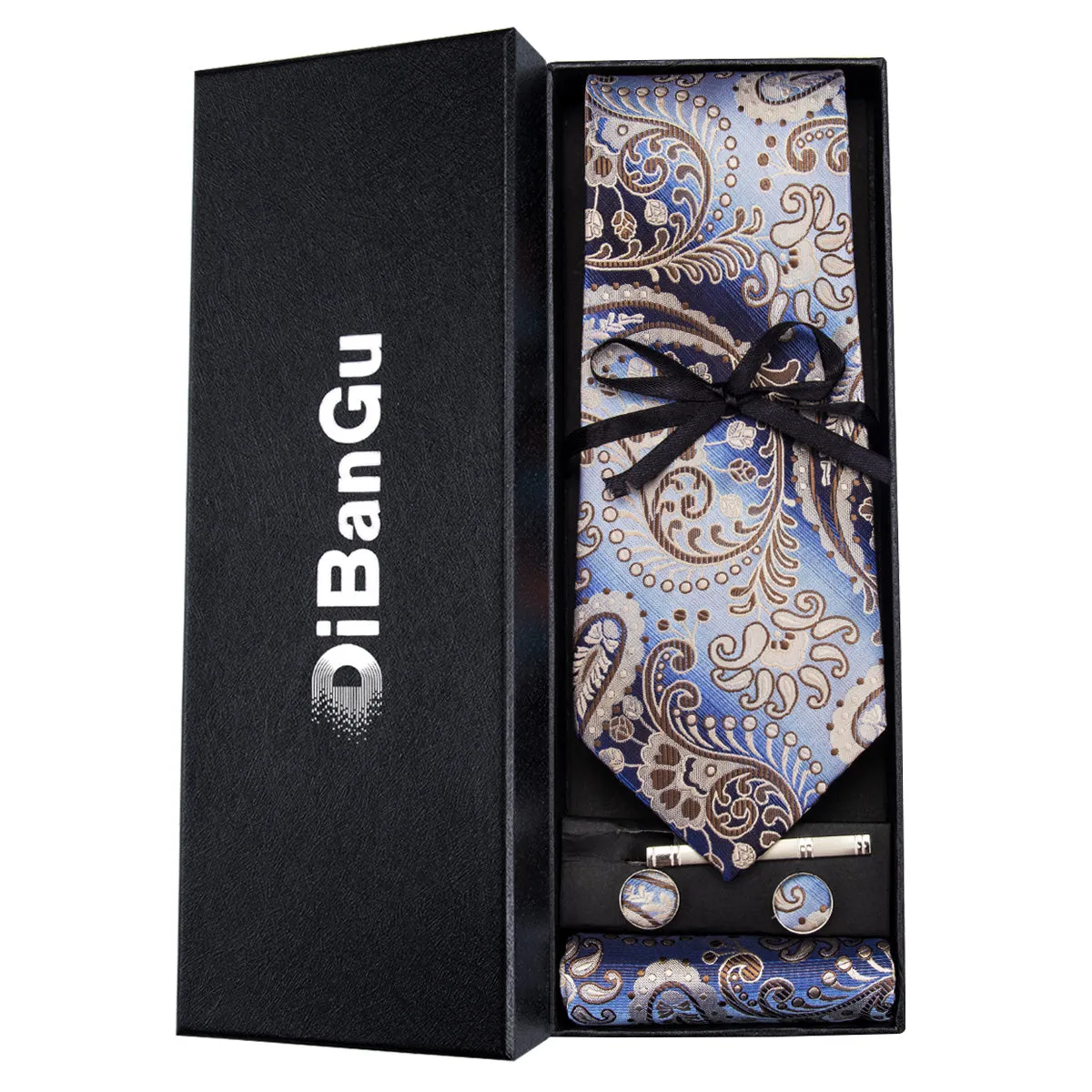 DiBanGu Silk Tie Blue Brown Paisley Necktie Handkerchief Cufflinks Set for Men