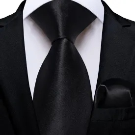 DiBanGu Silk Tie Classic Black Solid Mens Formal Business Tie Handkerchief Cufflinks Set