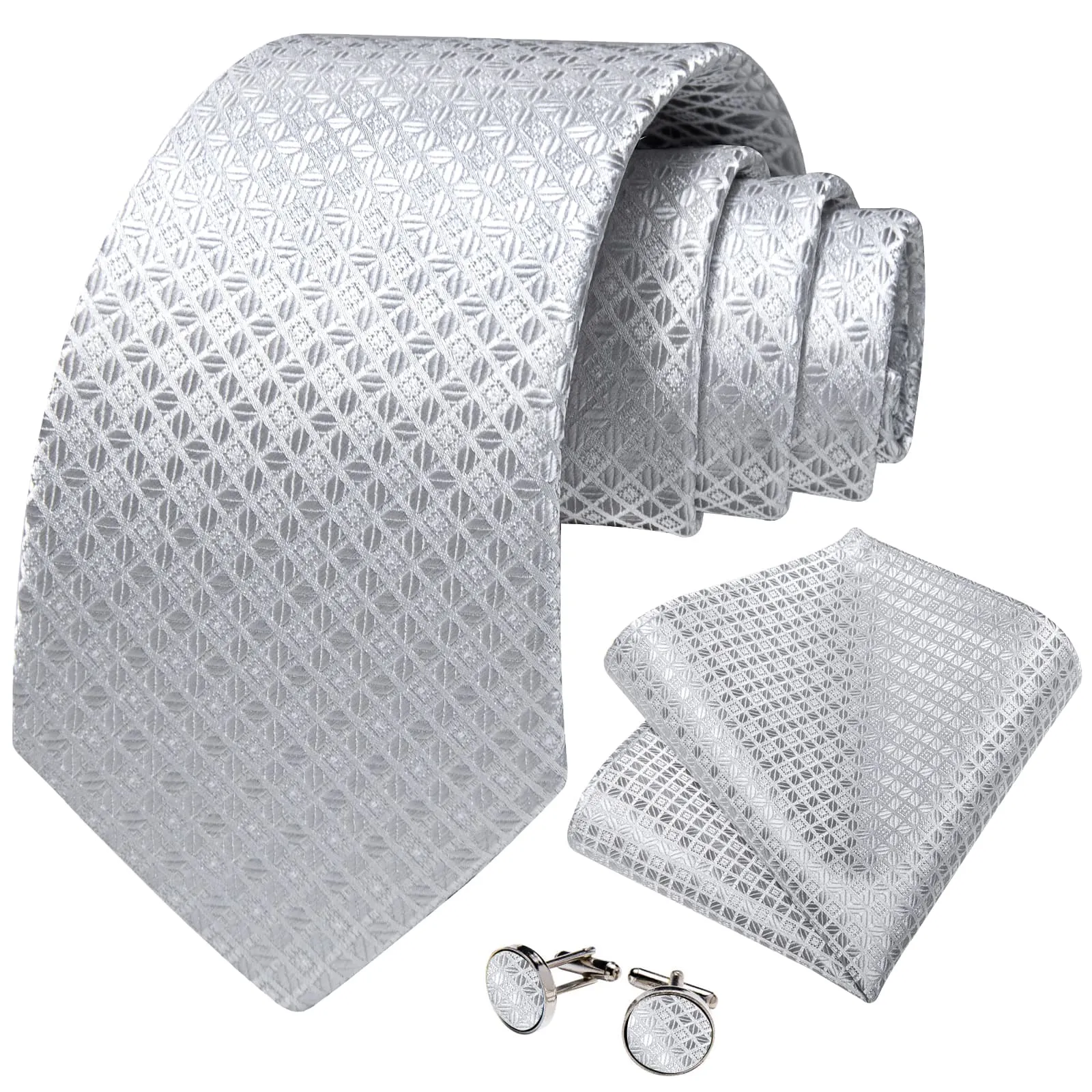 DiBanGu Silk Tie Could Grey Plaid Mens Tuxedo Work Dresses Tie Pocket Square Cufflinks Set
