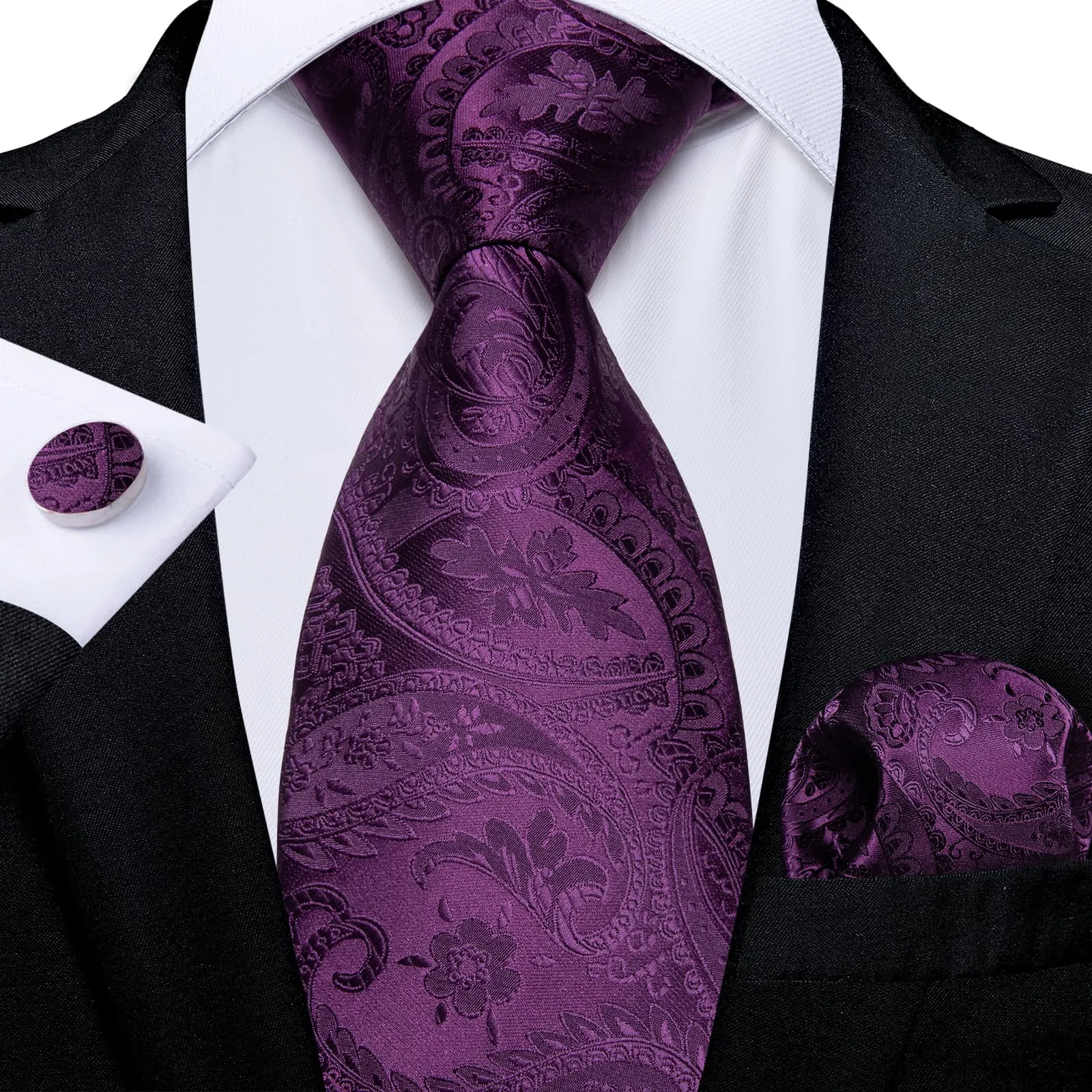 DiBanGu Silk Tie Deep Purple Paisley Lazy Easy-pull Mens Dress Tie Hanky Cufflinks Set