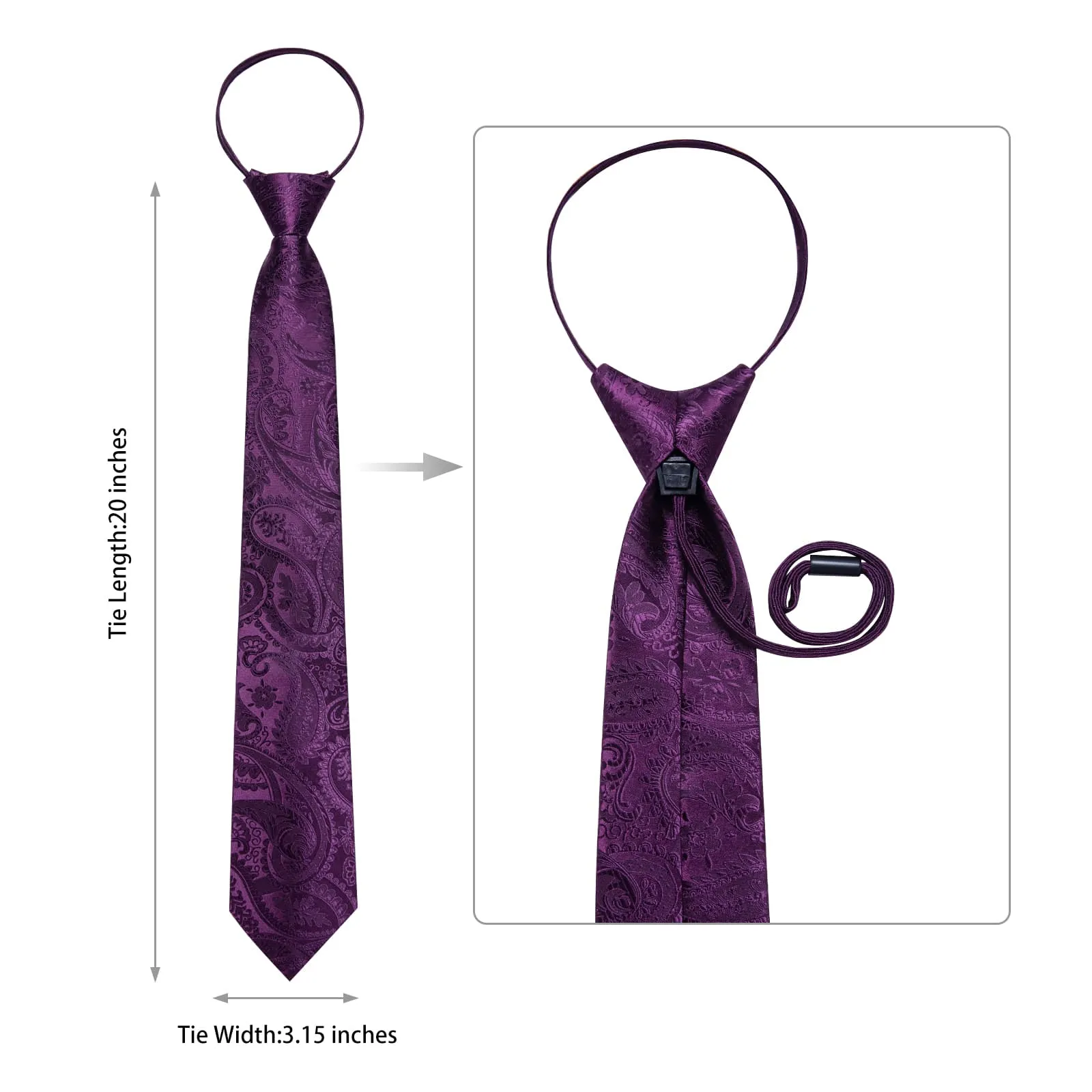 DiBanGu Silk Tie Deep Purple Paisley Lazy Easy-pull Mens Dress Tie Hanky Cufflinks Set
