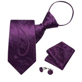DiBanGu Silk Tie Deep Purple Paisley Lazy Easy-pull Mens Dress Tie Hanky Cufflinks Set