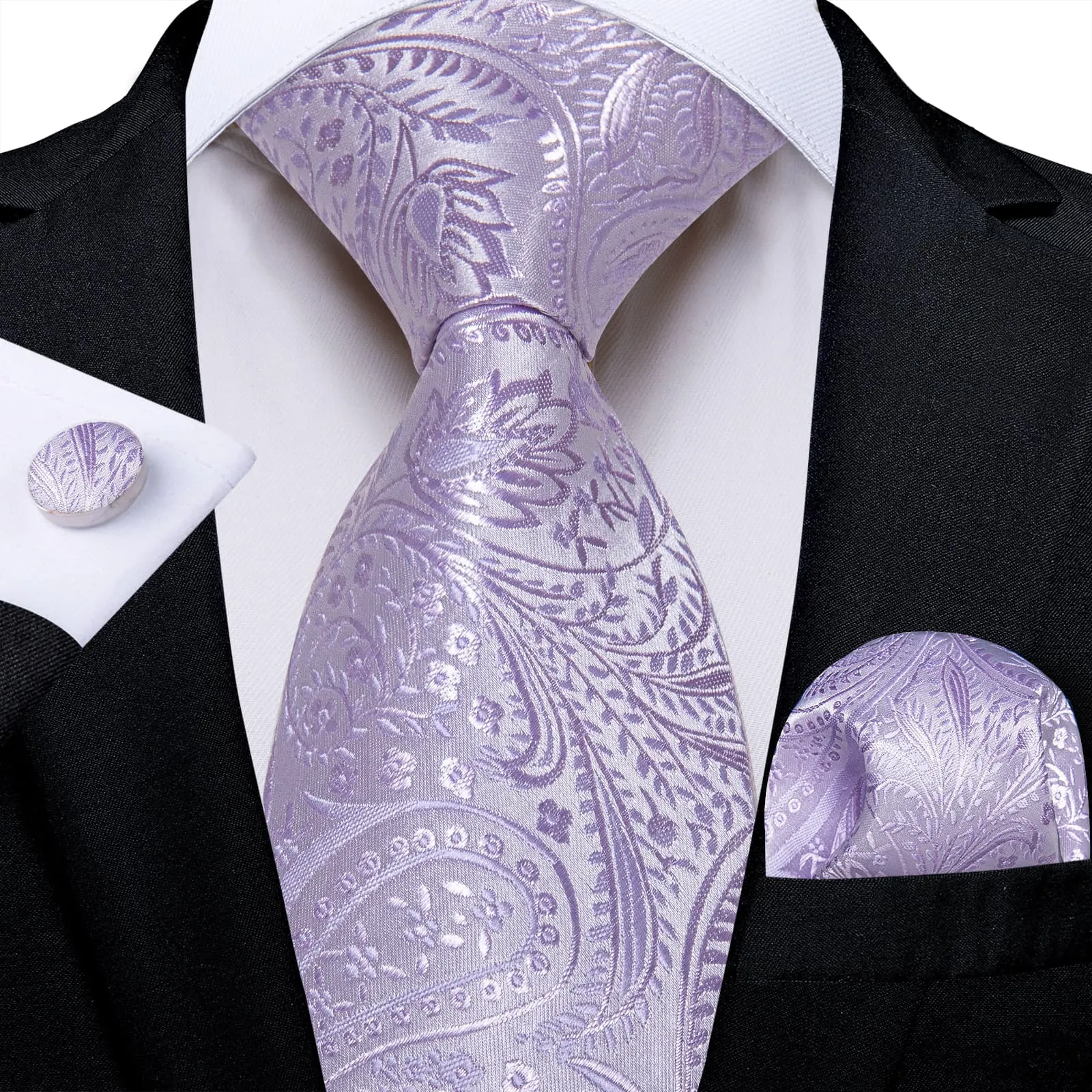 DiBanGu Silk Tie Lavender Purple Paisley Lazy Easy-pull Mens Dress Tie Hanky Cufflinks Set