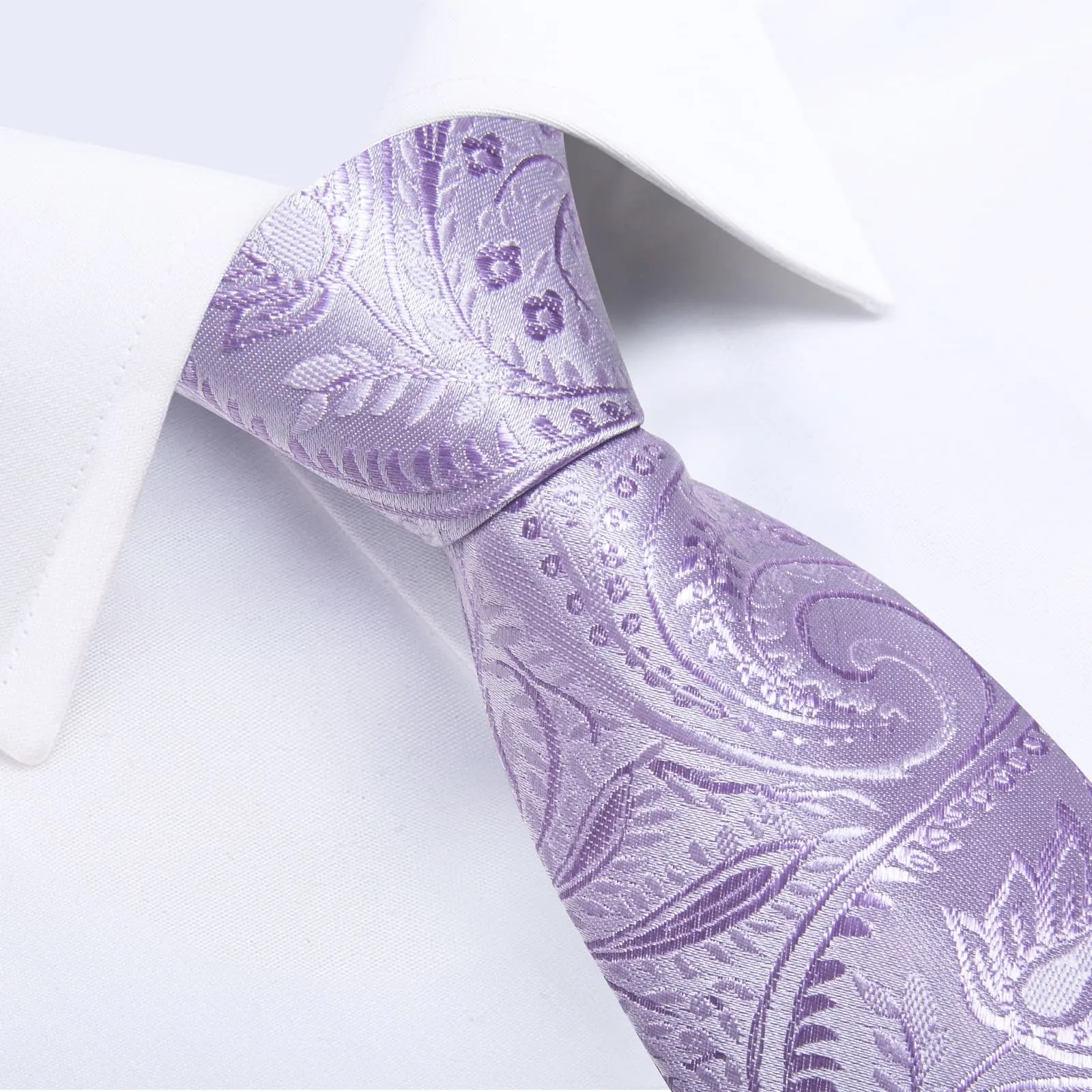 DiBanGu Silk Tie Lavender Purple Paisley Lazy Easy-pull Mens Dress Tie Hanky Cufflinks Set