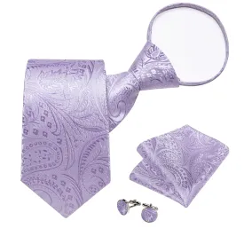DiBanGu Silk Tie Lavender Purple Paisley Lazy Easy-pull Mens Dress Tie Hanky Cufflinks Set