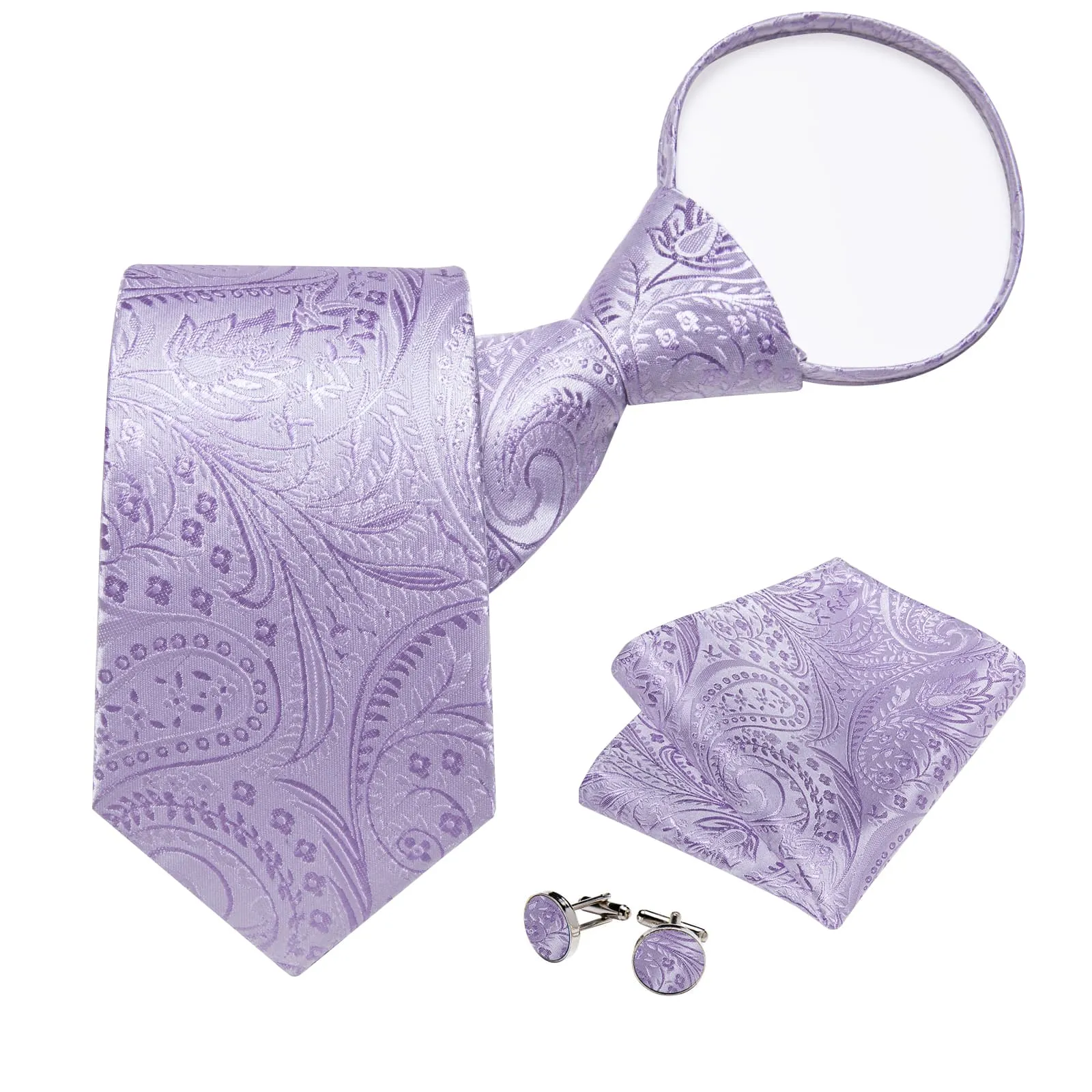 DiBanGu Silk Tie Lavender Purple Paisley Lazy Easy-pull Mens Dress Tie Hanky Cufflinks Set