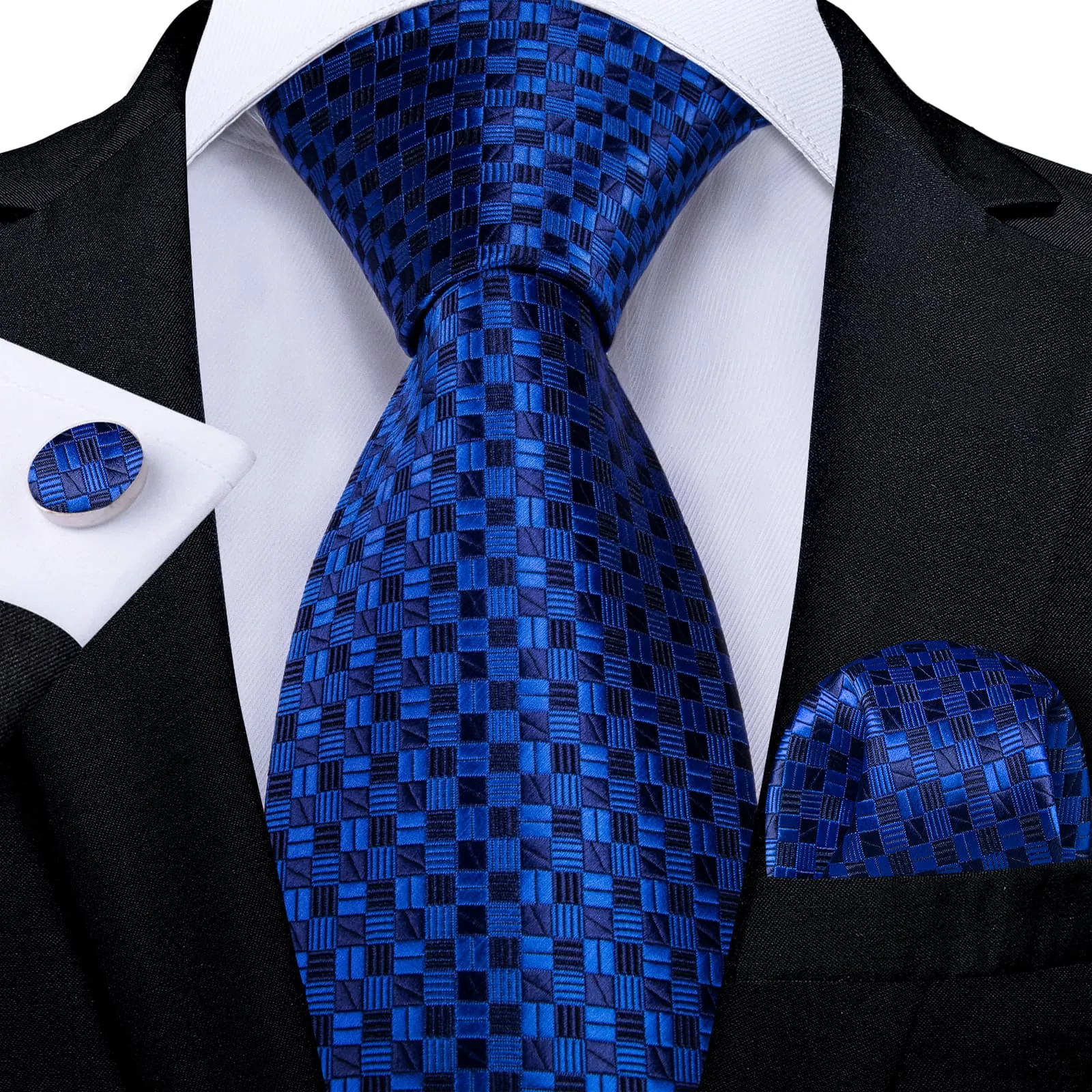 DiBanGu Silk Tie Navy Blue Plaid Lazy Easy-pull Mens Tie Handkerchief Cufflinks Set