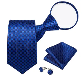 DiBanGu Silk Tie Navy Blue Plaid Lazy Easy-pull Mens Tie Handkerchief Cufflinks Set
