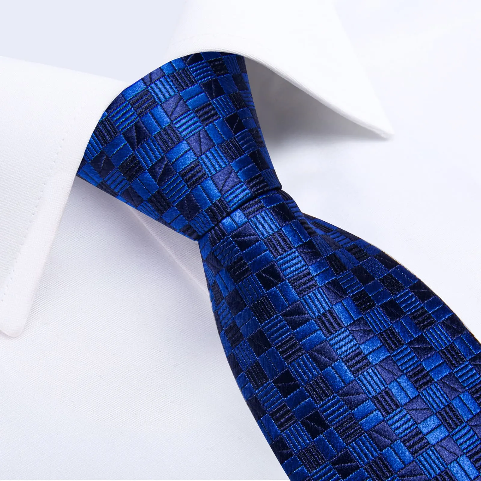 DiBanGu Silk Tie Navy Blue Plaid Lazy Easy-pull Mens Tie Handkerchief Cufflinks Set