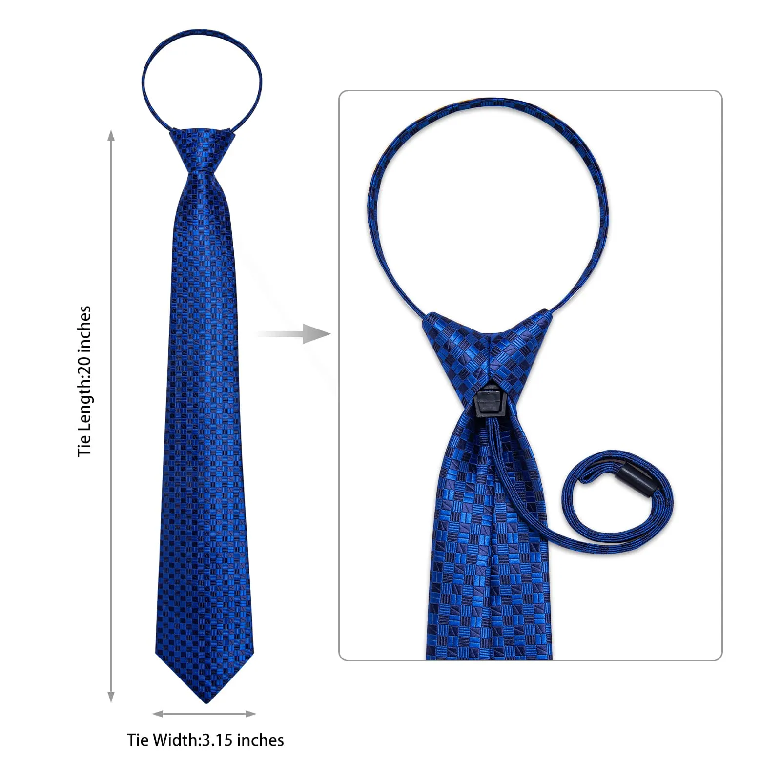 DiBanGu Silk Tie Navy Blue Plaid Lazy Easy-pull Mens Tie Handkerchief Cufflinks Set