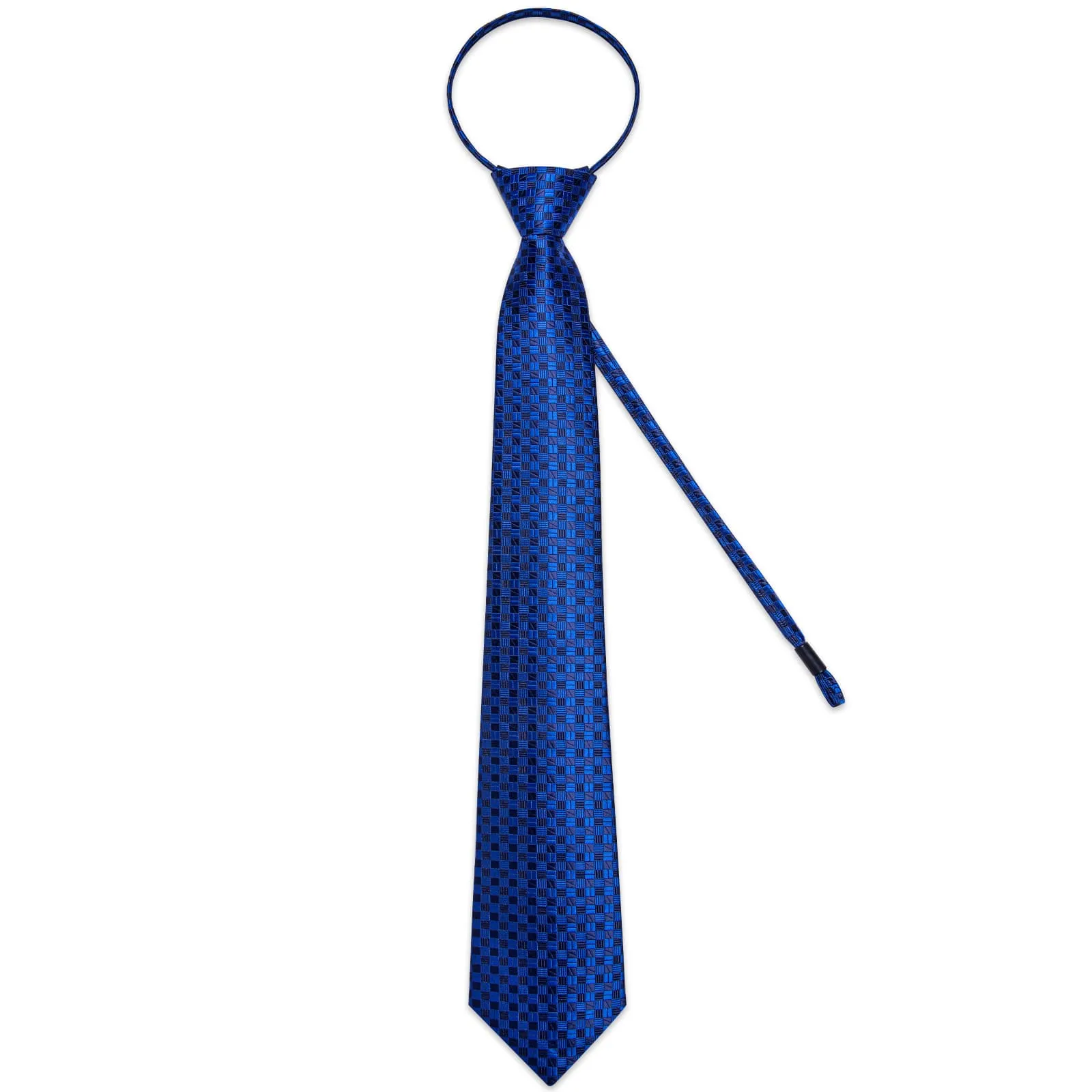 DiBanGu Silk Tie Navy Blue Plaid Lazy Easy-pull Mens Tie Handkerchief Cufflinks Set