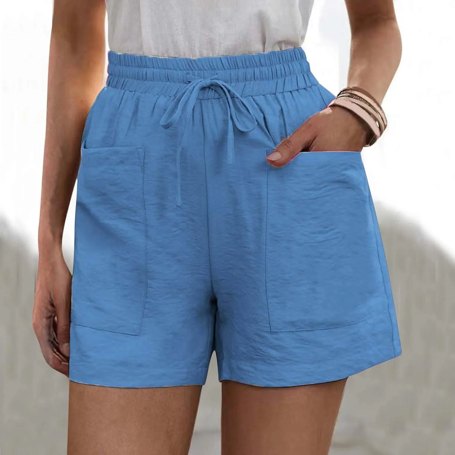 Elastic Waist Casual Shorts for Women Comfy High Waisted Drawstring Summer Solid Color Beach Shorts with Pockets