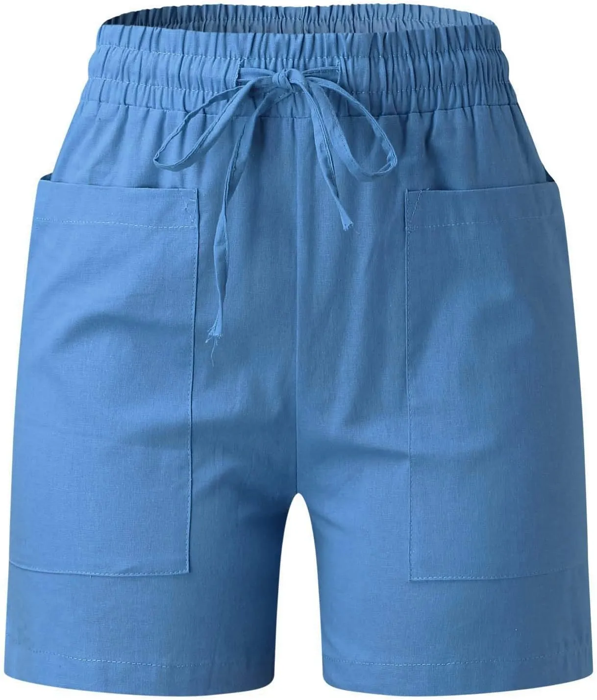 Elastic Waist Casual Shorts for Women Comfy High Waisted Drawstring Summer Solid Color Beach Shorts with Pockets