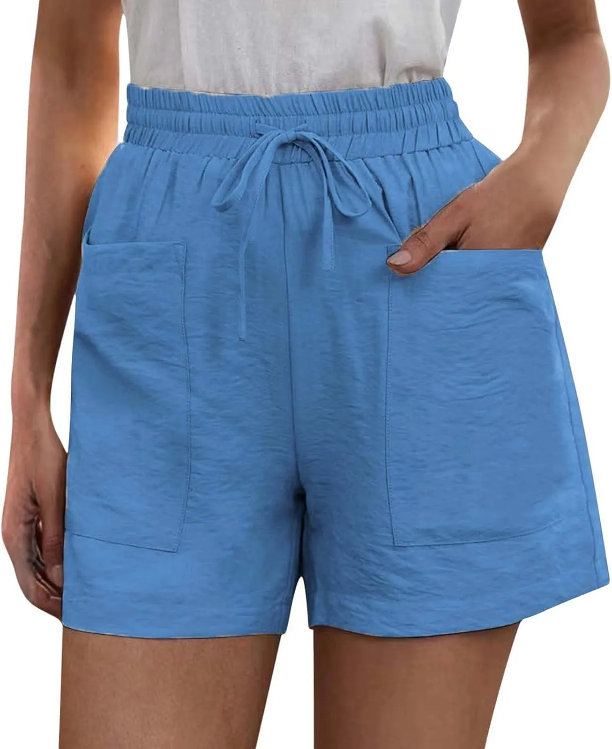 Elastic Waist Casual Shorts for Women Comfy High Waisted Drawstring Summer Solid Color Beach Shorts with Pockets