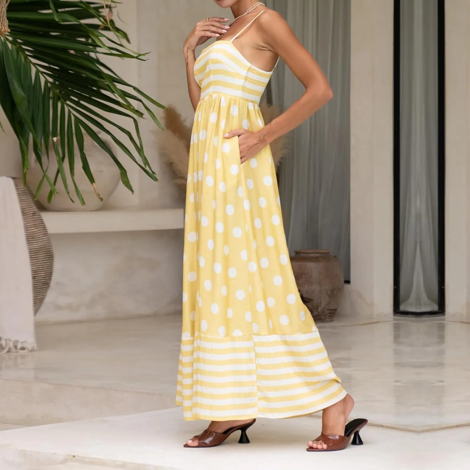 Faretumiya Women Spaghetti Strap Flowy Maxi Dress Sleeveless Stripe Print Smocked Boho Ruffle Vacation Long Beach Sundress